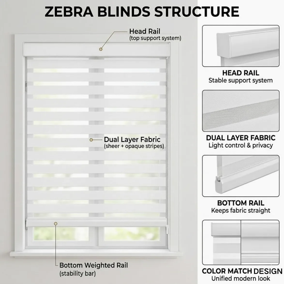 Store Zébré Occultant avec Perçage pour Intérieur de Maison et Bureau | Store Enrouleur Jour Nuit Double Tissu, Rideau Anti Chaleur, Noir, 33x122 cm, 43x91 cm, 46x183 cm(Blanc,W99cmxH163cm)