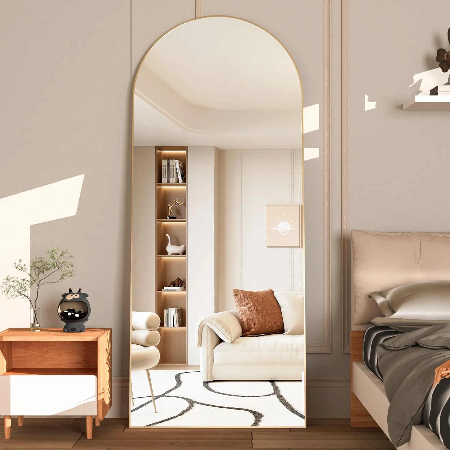 Miroir de Sol Arqué 165 x 60 cm Doré avec Support Mural pour Chambre, Entrée, Salon