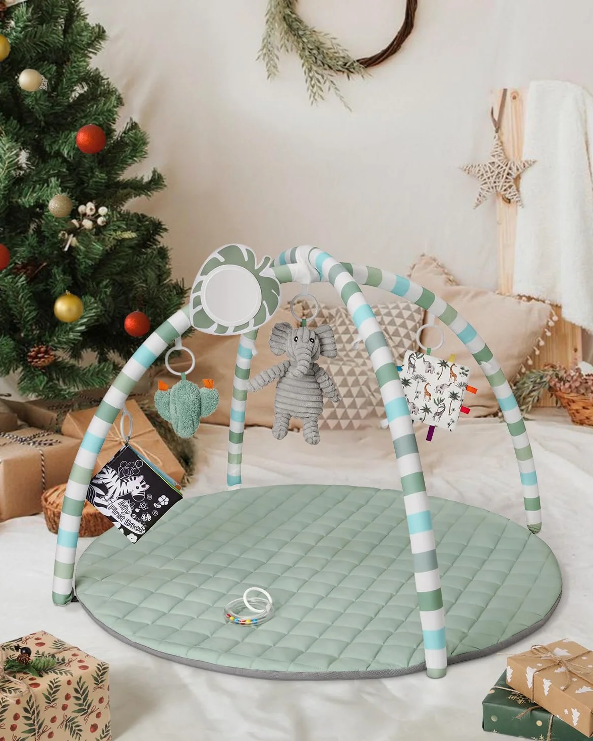 Blissful Diary Tapis d'Éveil Bébé avec Arche Amovible, 6 Jouets Sensoriels et Moteurs, Vert Sauge