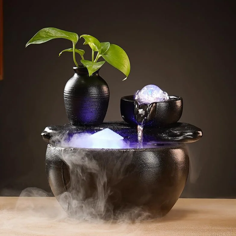 Fontaine à eau en céramique avec humidificateur, décorations d'aquarium, petite fontaine cascade intérieur noir