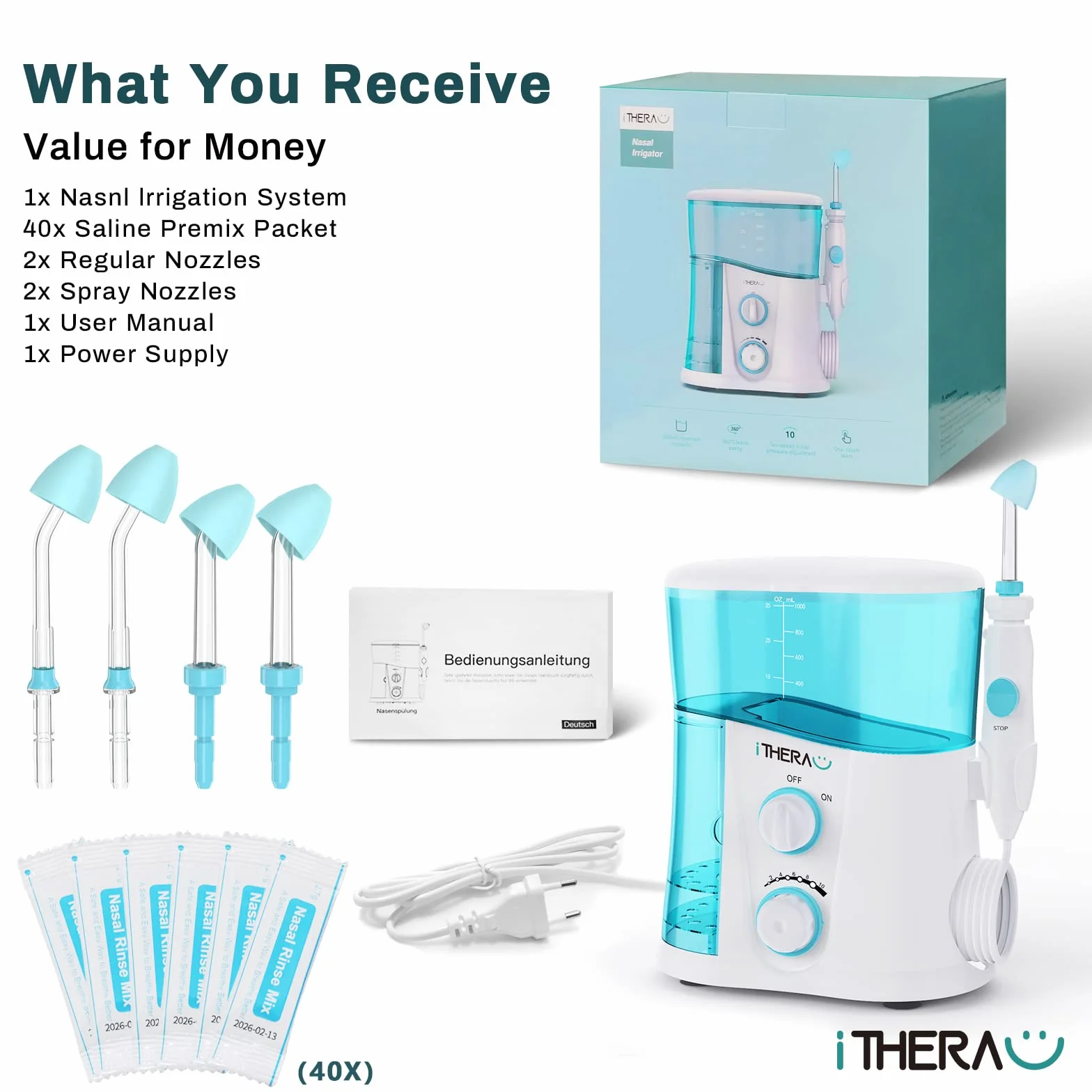 I-THERA-U Kit Lavage de Nez Adulte 1000ML Réservoir d'Eau Détachable avec 4 Embouts Rinçage Nasal Irrigation Nasale