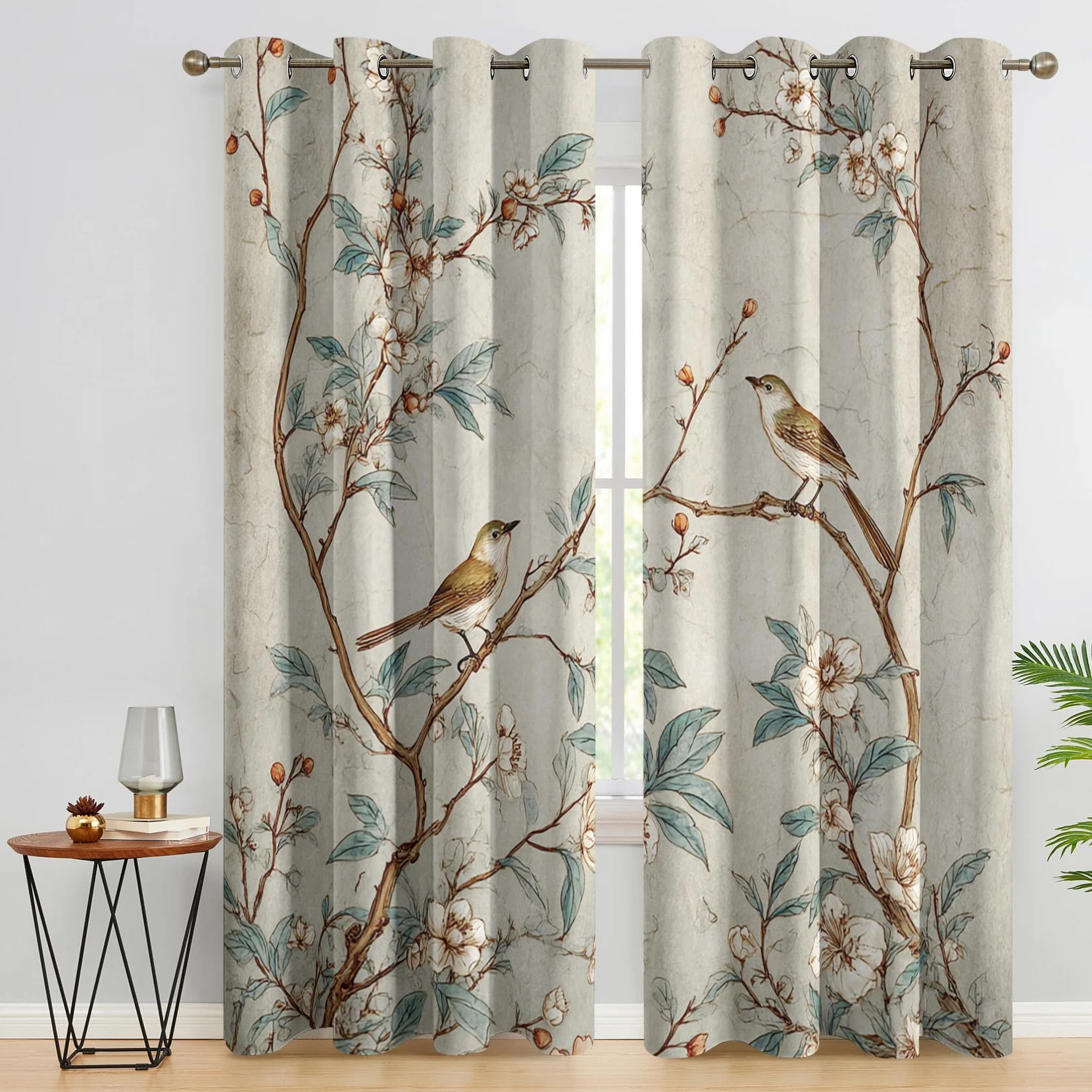 Rideaux Occultant Fleurs Oiseaux, Rideau Isolant Thermique pour Salon Chambre, Motif Branche d'arbre, Lot de 2 Décoration de Fenêtre Opaque 140x200cm LxH, à Oeillets