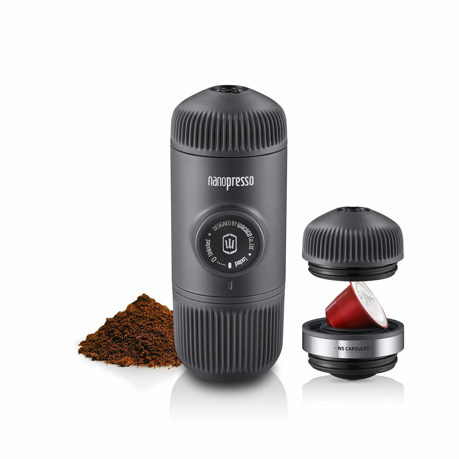 WACACO Nanopresso Machine à Espresso Portable avec NS Adapter, Compatible avec les Capsules NS et le Café Moulu, Ensemble de Machine à Café de Voyage Manuel, Parfait pour le Camping