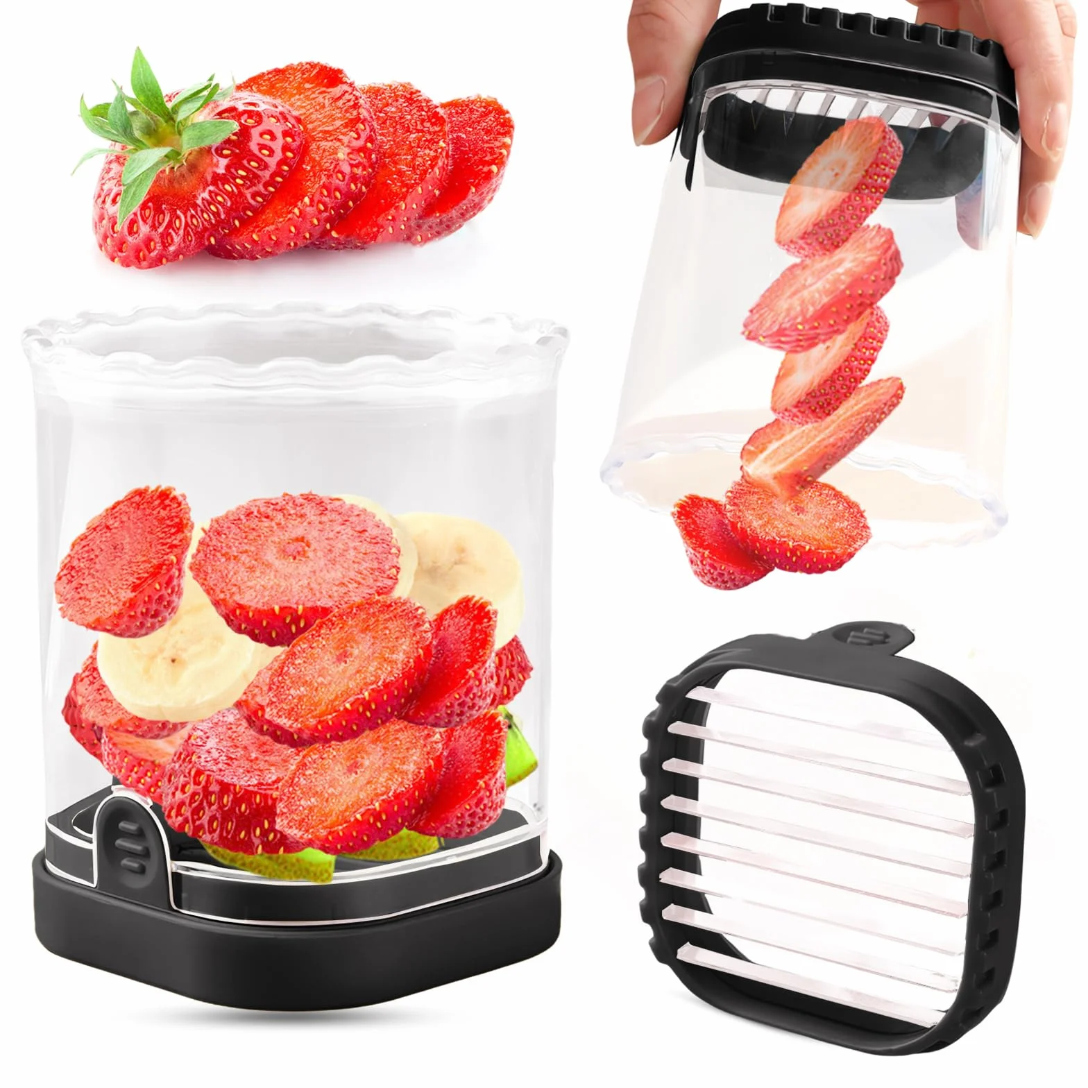 Coupe-fruits amovible avec plaque de poussée Trancheuse à fraises banane œufs Gadget de cuisine (noir)