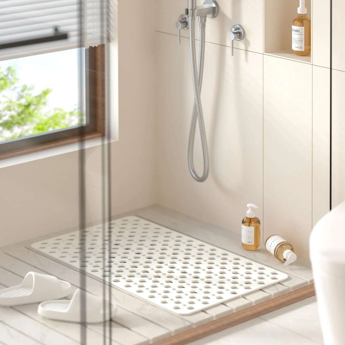 HITSLAM Tapis de Baignoire Antidérapant 70 x 38 cm Sans BPA Résistant aux Moisissures Lavable en Machine Blanc