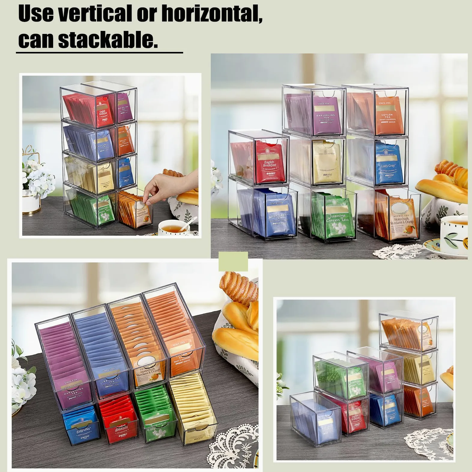 ELLDOO Organiseur de sachets de thé à 8 tiroirs, en acrylique transparent empilable, support de rangement pour sachets de thé de cuisine, garde-manger, rangement pour dosettes de café, collations pour