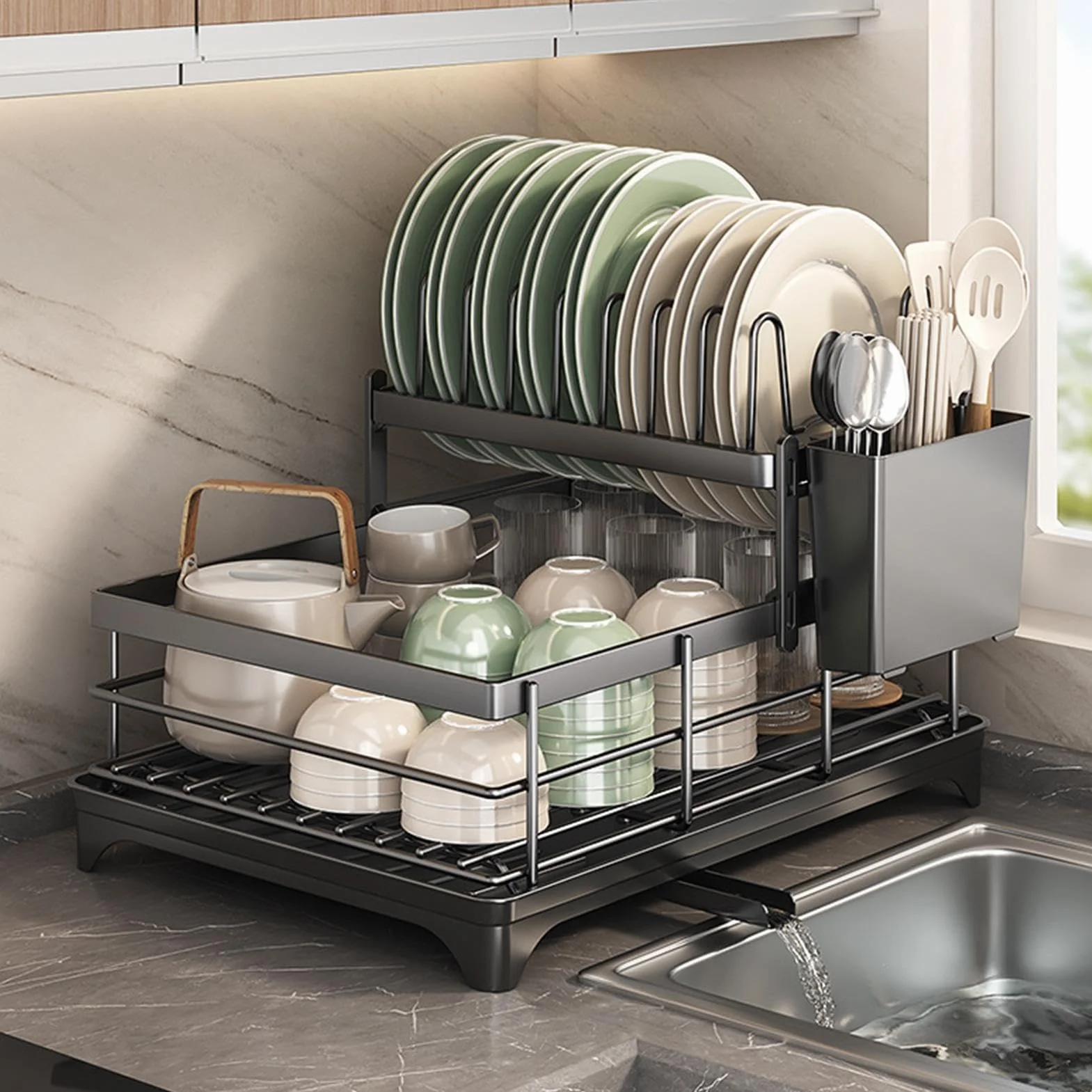 Égouttoir À Vaisselle Égouttoir 2 Niveaux Antirouille à Couvercles | Égouttoir Compact Pour Cuisine, Maison, Restaurant, Camping-car, Appartement, Hôtel, Camping, Pique-nique