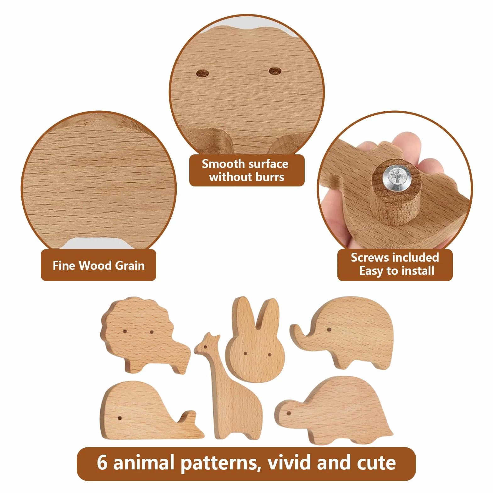 Boutons de Tiroir en Bois Massif, 6 Pièces Poignées de Meubles en Bois Pour Animaux, Boutons de Porte d'Armoire