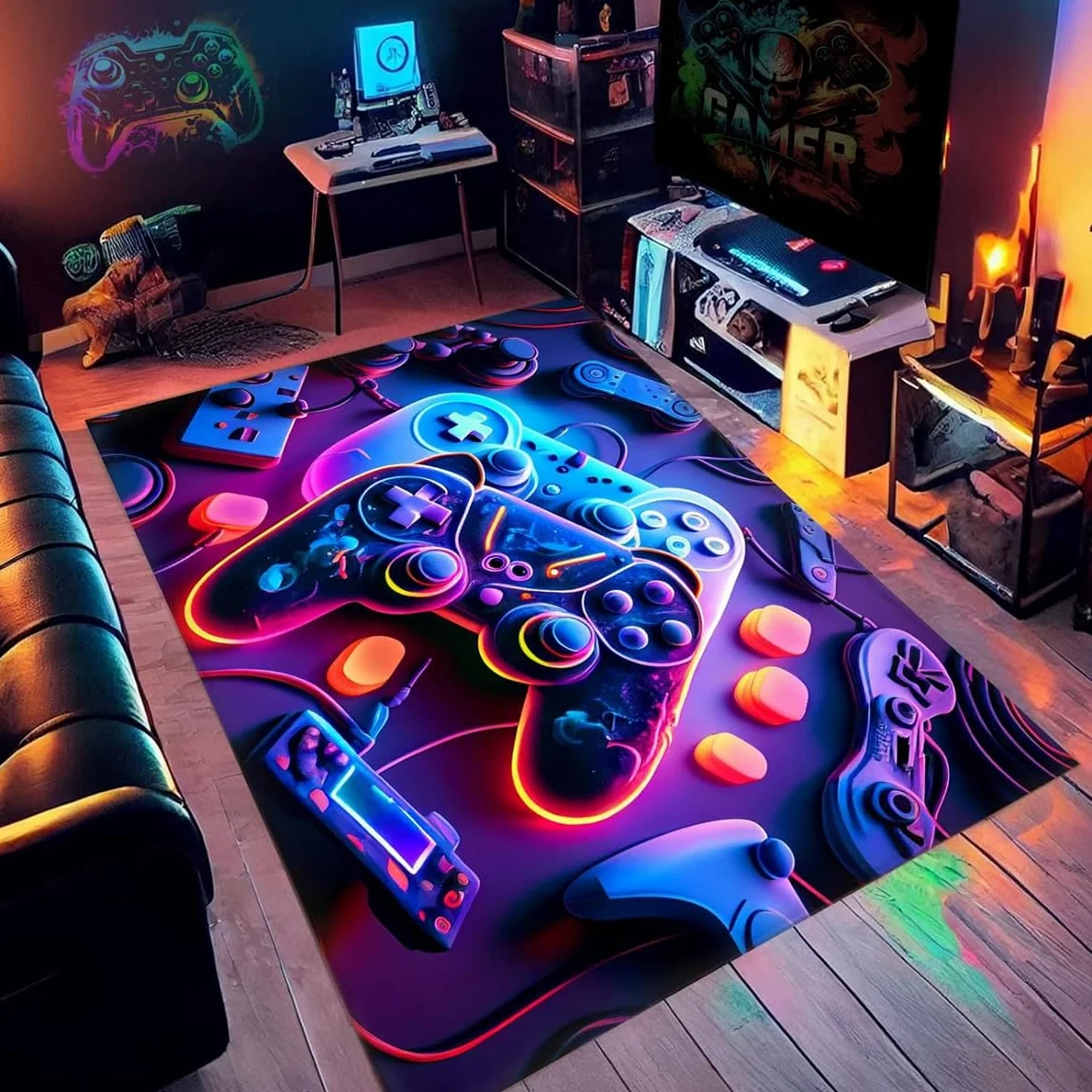 Tapis Chambre Ado 3D - Tapis Sol Gaming Imprimé Ciel étoilé Néon Graffiti & Console De Jeu - Flanelle Doux Antidérapant - pour Garçon Enfant (Navy,140x200cm)