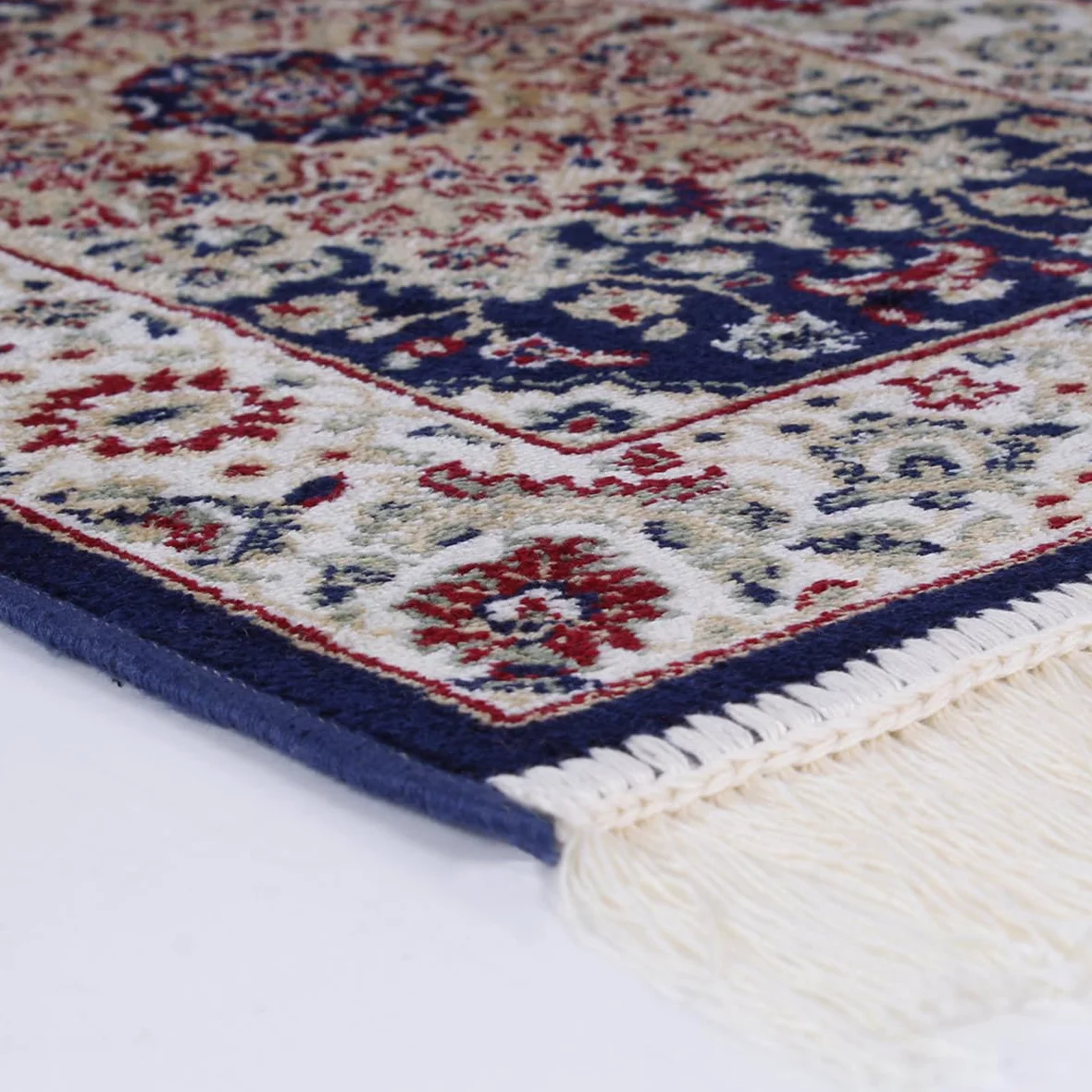 Tapis oriental perse classique SaRani avec frange dorée décor bleu bordeaux vert (140 x 200 cm, Bleu)