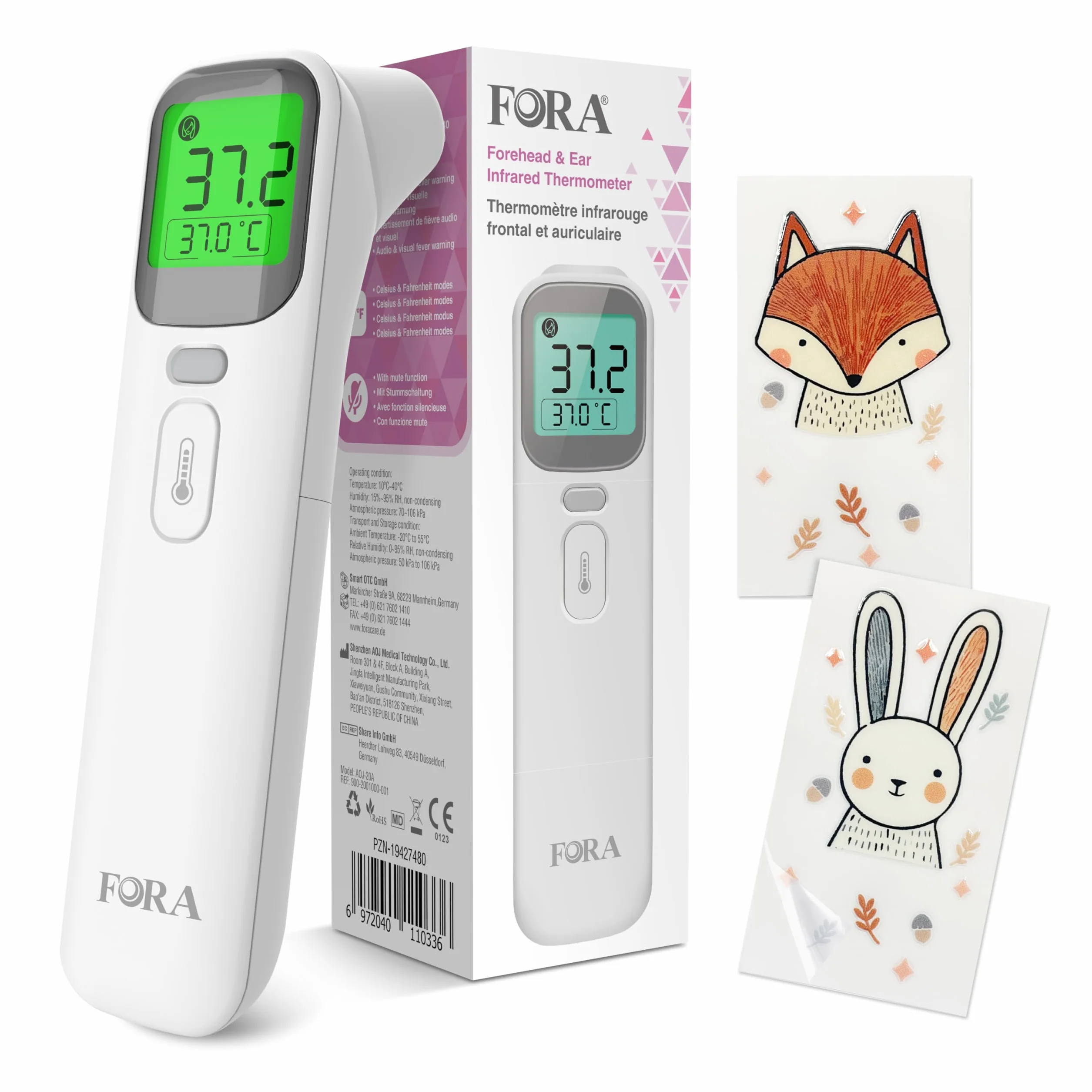 FORA Thermomètre Auriculaire et Frontal Digital avec Indicateur de Fièvre, Mode Silencieux, Mémoire, Affichage 4 Couleurs