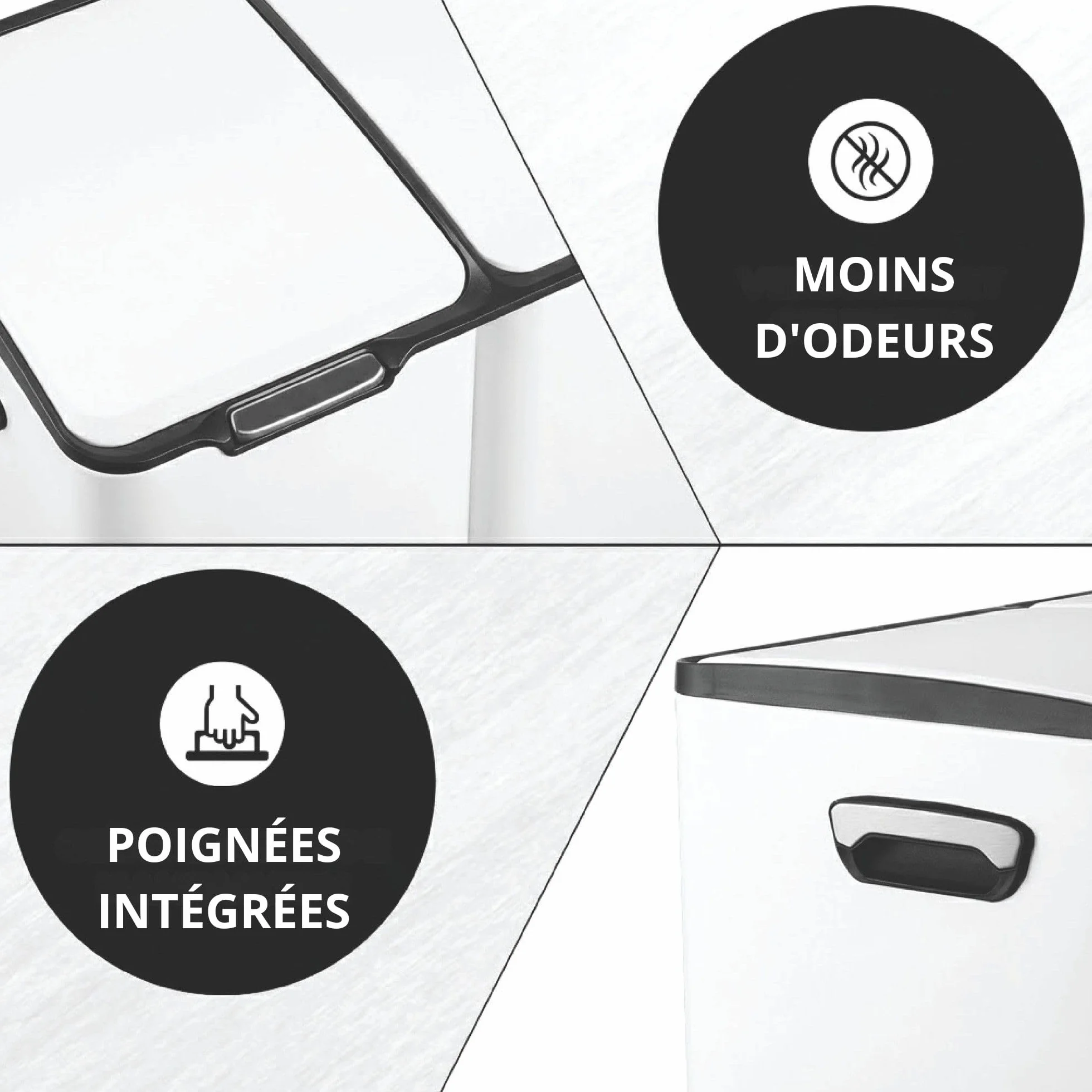 Poubelle Tri Selectif Cuisine 60L Inox 3 Compartiments Anti Odeur Pédale Blanc
