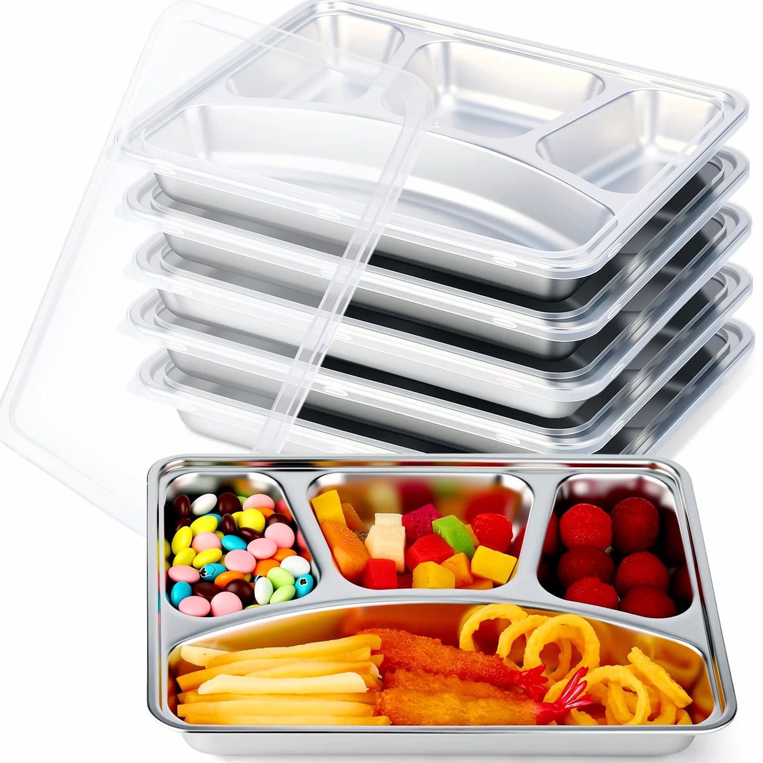 Patelai Lot de 6 boîtes à goûter en acier inoxydable avec couvercles transparents - 4 compartiments - Boîte à bento réutilisable - Pour le bureau, la maison, les voyages
