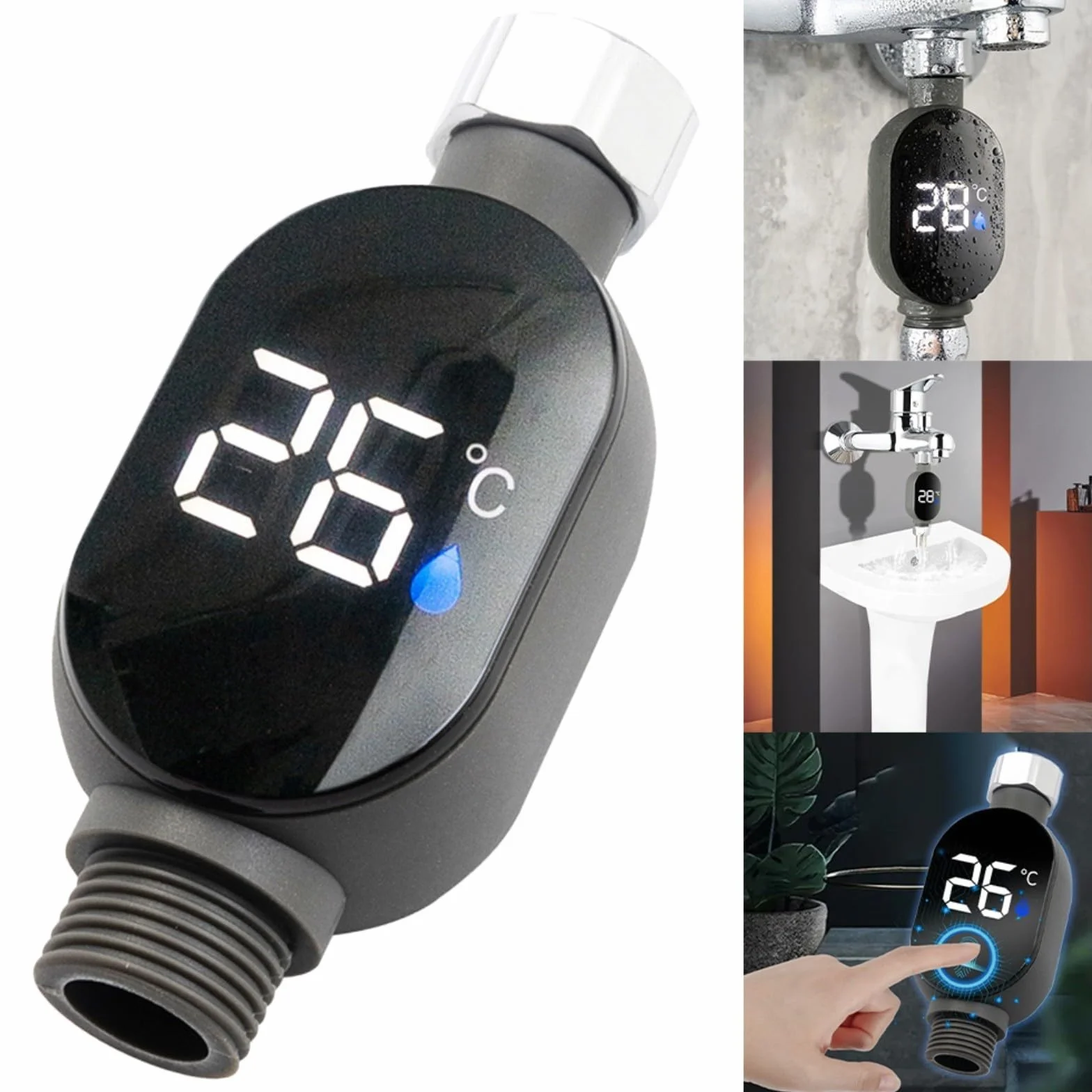 Thermomètre de douche numérique LED acier inoxydable 0-99°C 1/2"