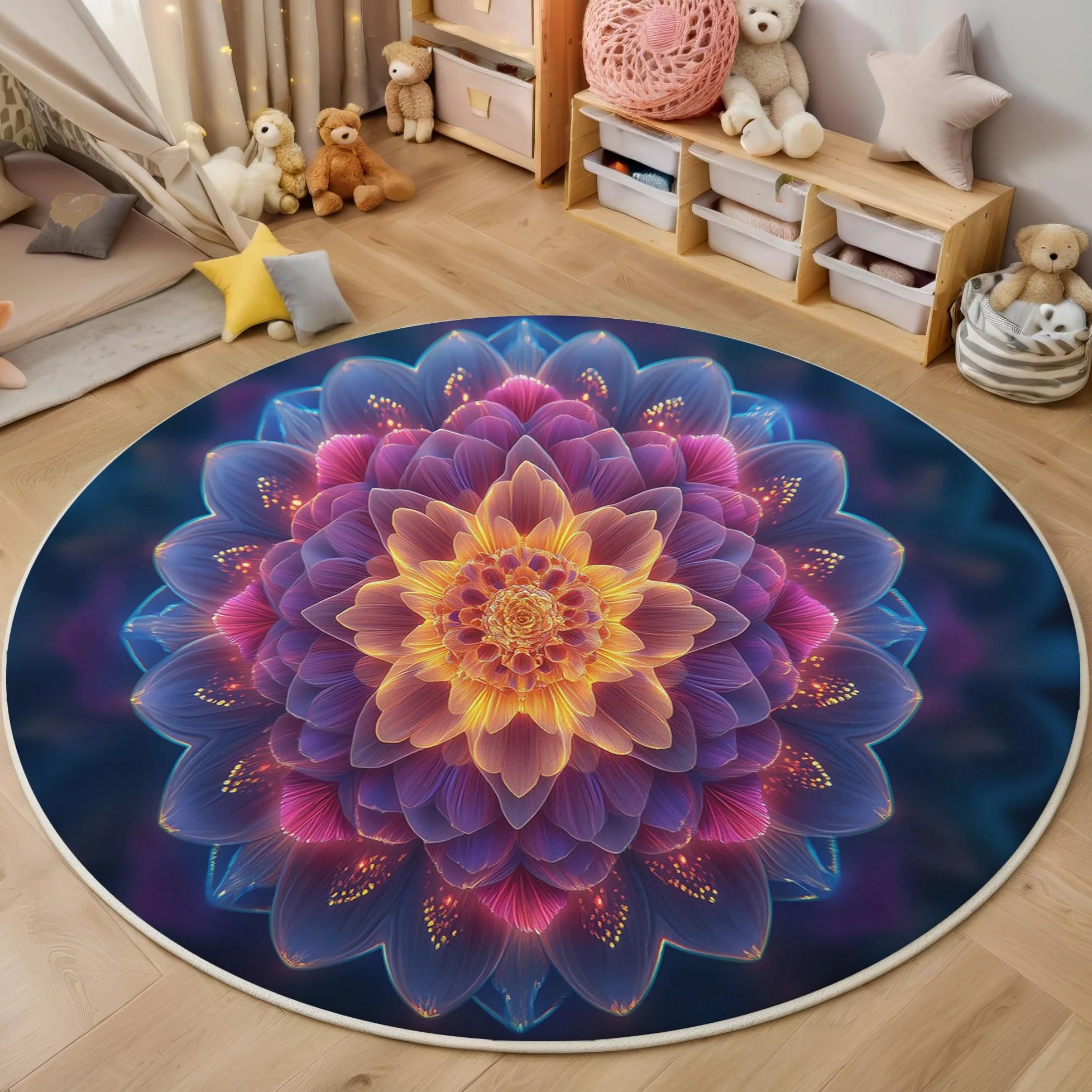 Tapis Rond 100cm, Microfibre Douce Tapis Circulaire Mandala, Moquette Salon Chambre, Imprimés Art Multicouche Pétales Antidérapant Lavable Moquette de Décoration, Bleu Violet