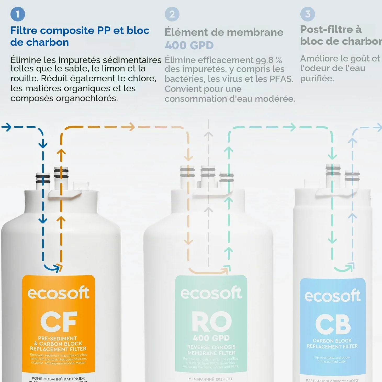 Ecosoft CF Préfiltre complexe pour filtres CROSS, élimination des sédiments et du chlore, installation facile pour système d'osmose inverse CROSS 90, remplacement tous les 12 mois