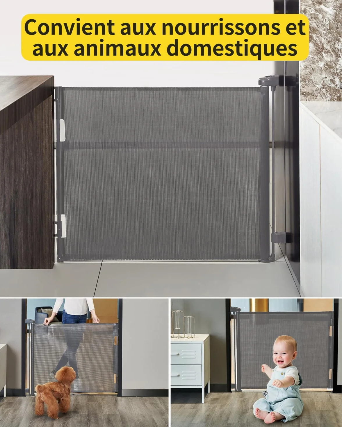 Barrière de Sécurité Rétractable Bébé Animaux 0-140cm Escaliers Couloirs Gris