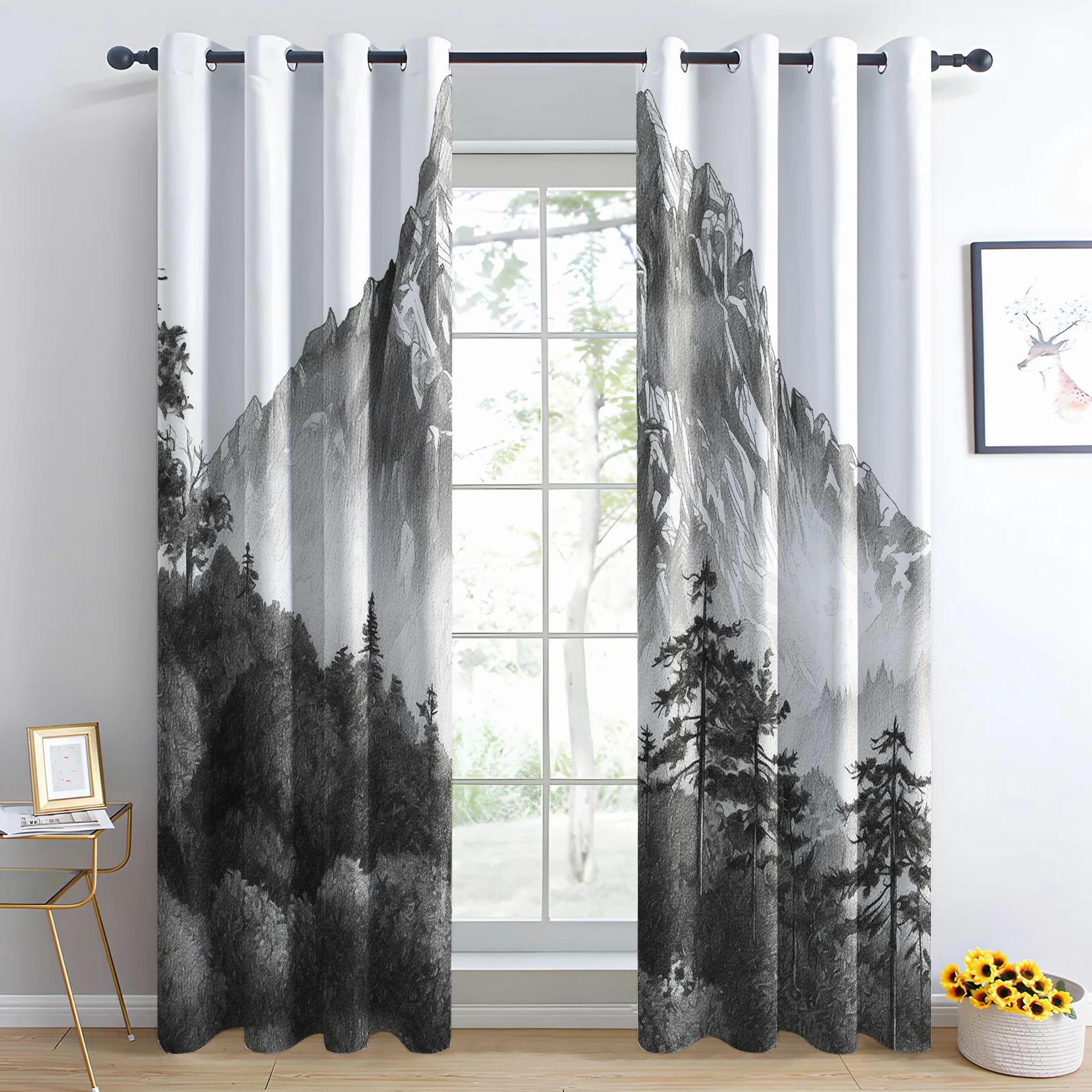 Rideau Occultant et Isolant Thermique pour Salon Chambre, Motif Paysage, à Oeillets - Lot de 2 Draperies Intérieur Naturel 140x240cm LxH