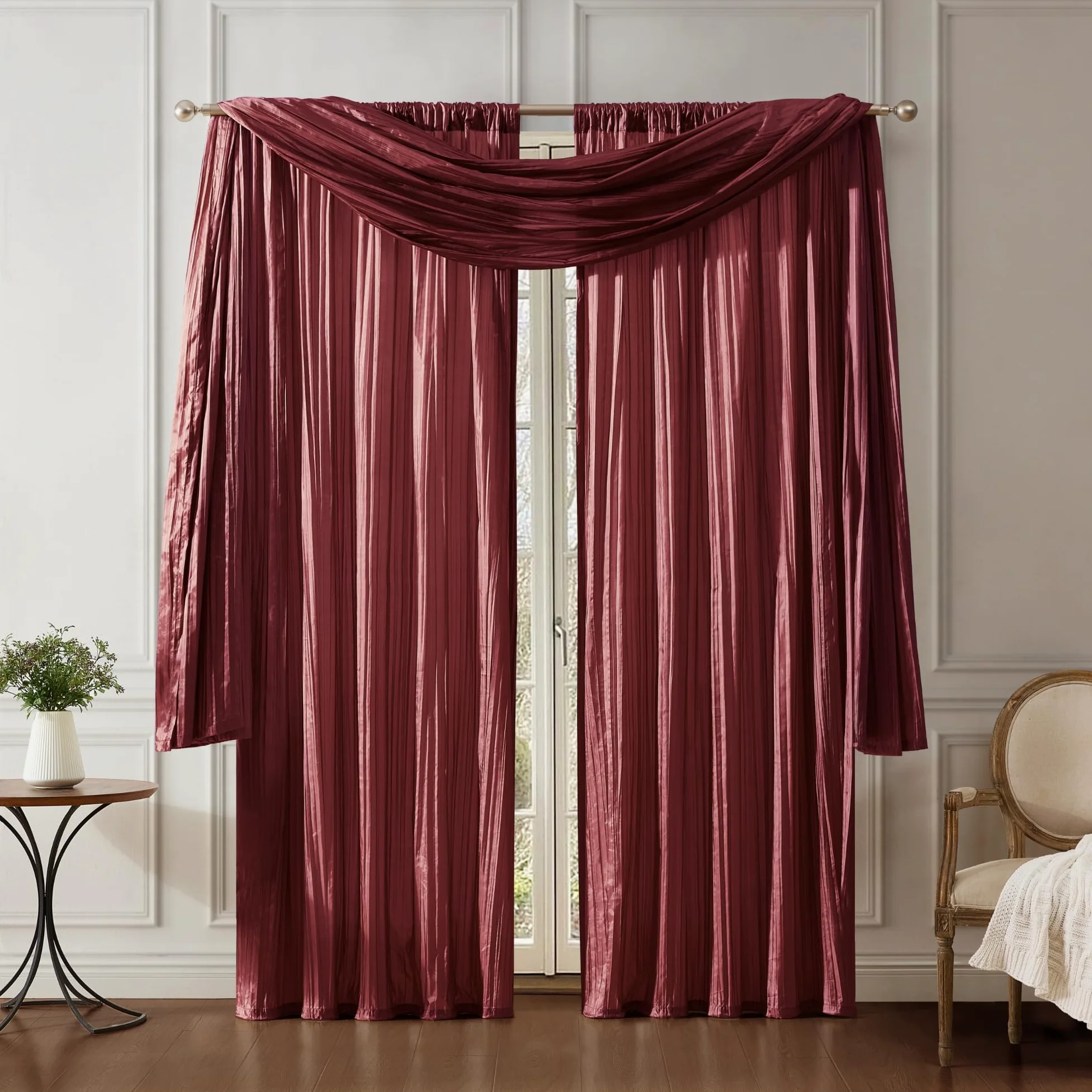 Elrene Home Fashions Athena Rideau de fenêtre Imitation Soie écrasée et cantonnière, 132 x 274 cm (2 Rideaux) et 1 cantonnière, Rouge