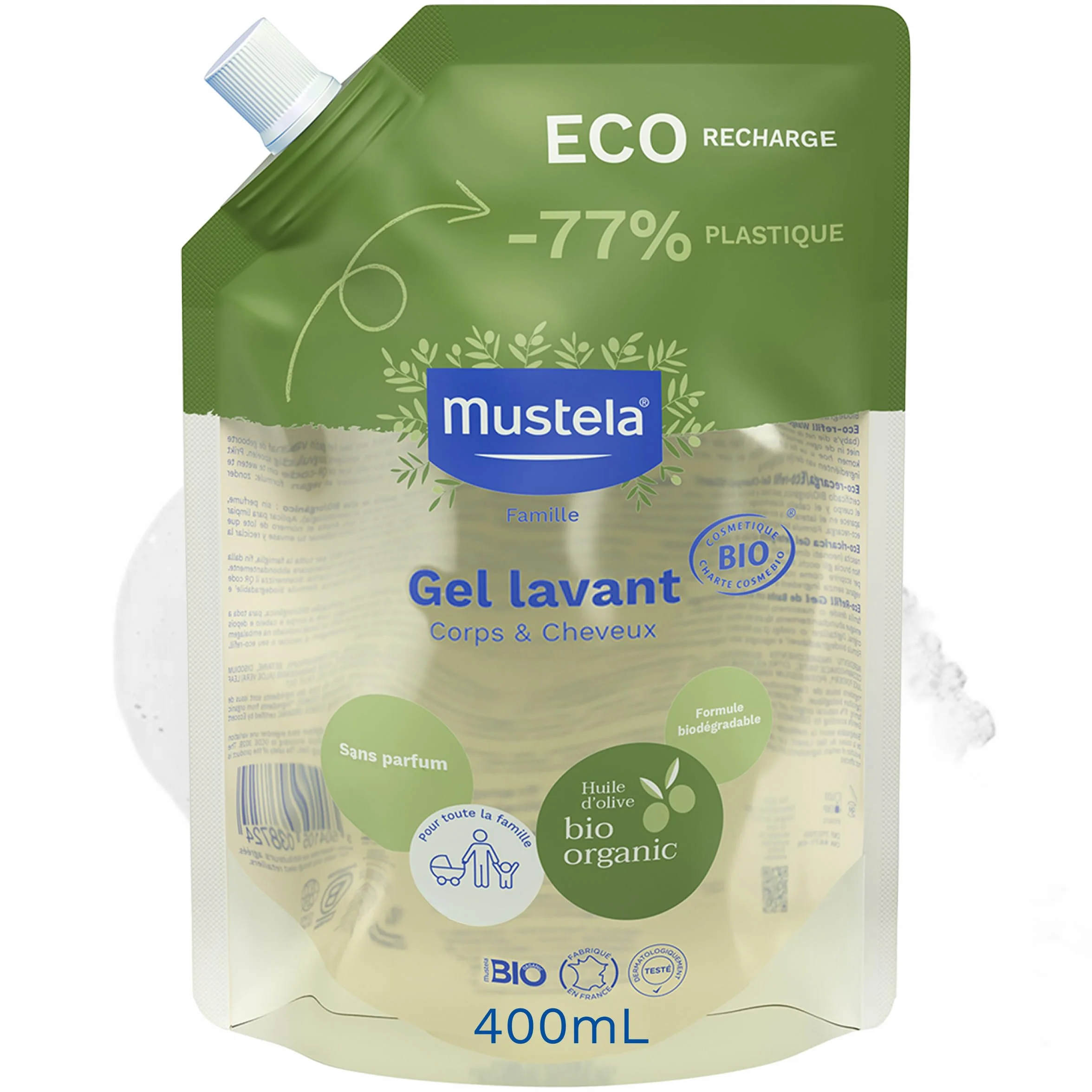 Mustela Gel Lavant Bébé Eco-Recharge Vegan Nettoyage Doux Huile d'Olive Bio 97% d'ingrédients d'origine naturelle