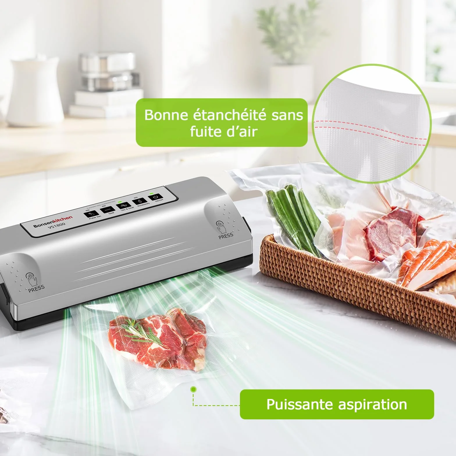 Bonsenkitchen Machine Sous Vide VS1800, Soudure Robuste 30 cm, Fonction Pulse