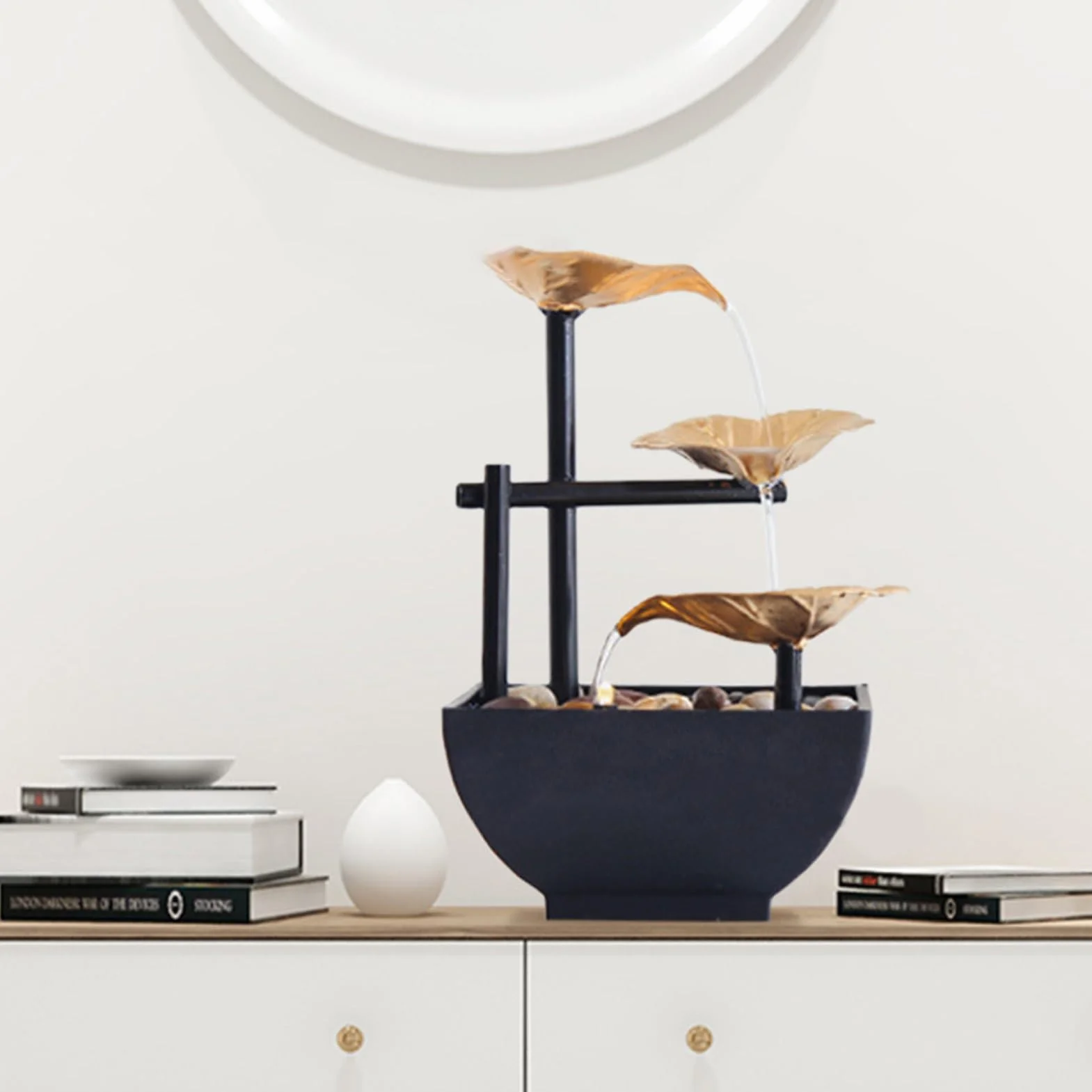 Fontaine de Bureau Métal LED Moderne Décor Table Zen Cascade Eau Courante Or