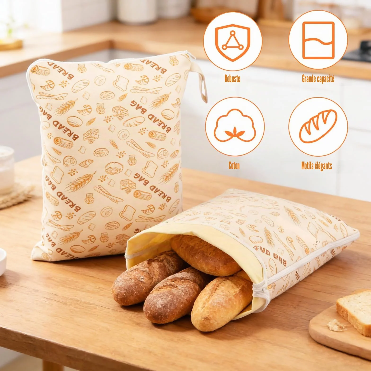 Sacs à pain en cire d'abeille réutilisables 43×33 cm avec fermeture éclair, lot de 2
