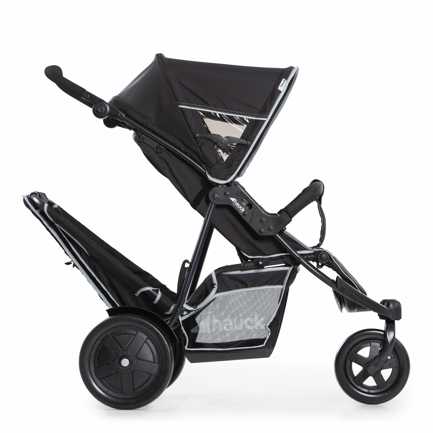 Hauck Freerider Poussette Double 3 Roues pour 2 Enfants Noir - Siège Inclinable, Charge 15 kg, Poignée Réglable, Habillage Pluie Inclus