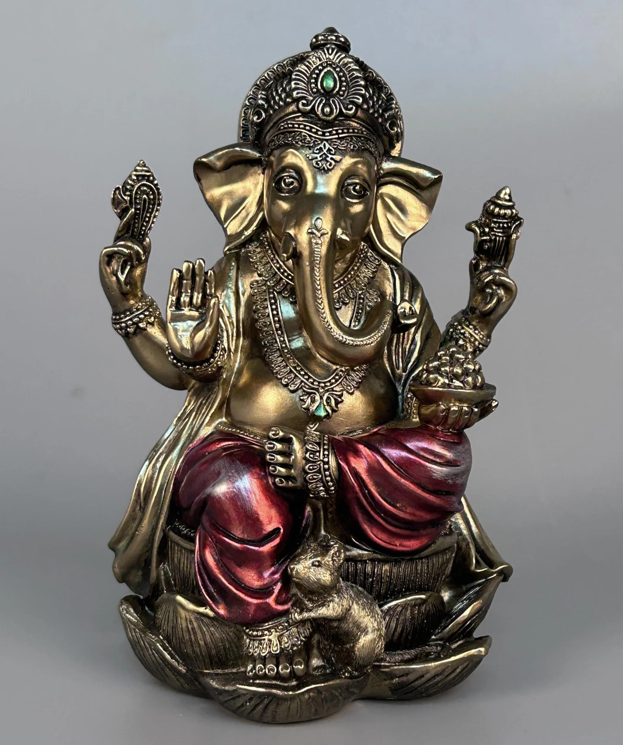 Statue de Ganesh Bouddha Assis sur un Lotus en Bronze Antique 18 cm