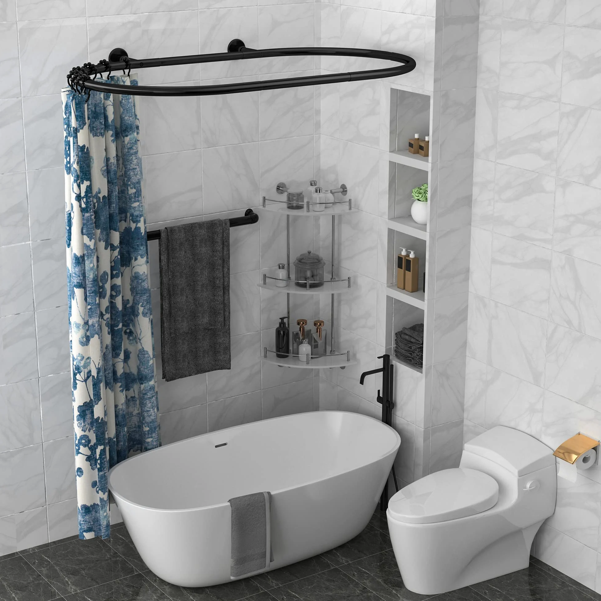 Tringle à rideau de douche ovale en alliage d'aluminium de forme carrée pour baignoire sur pieds sur griffes (noir : L 140 cm, l 63,5 cm)