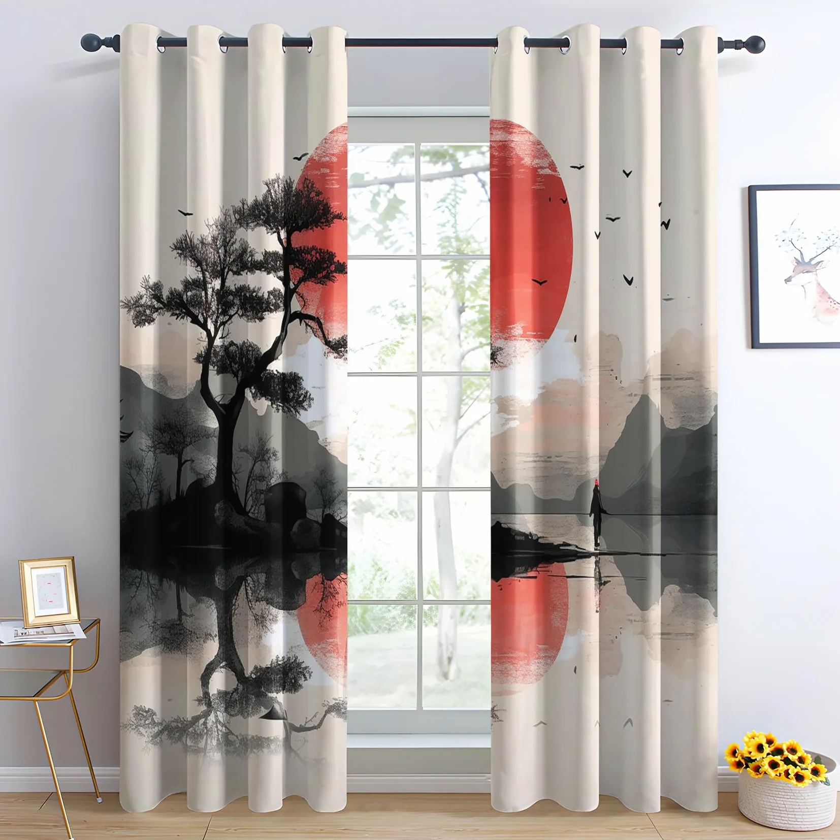 Rideau Occultant Paysage, Rideau Isolant Thermique pour Salon Chambre, Rideaux Motif Japonaise, Rideau Opaque à Oeillets, Lot de 2 Rideaux et Draperies Intérieur 140x240cm LxH