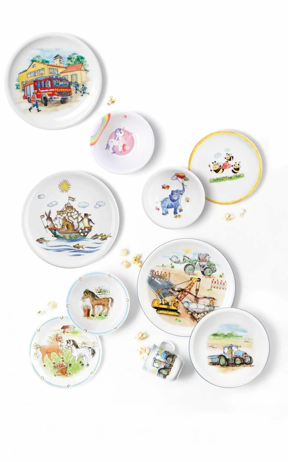 Seltmann Weiden Service de table compact pour enfant 5 pièces, ensemble d'assiettes, bol et gobelet pour enfants, service pour enfants avec motifs colorés, porcelaine, sur le chantier