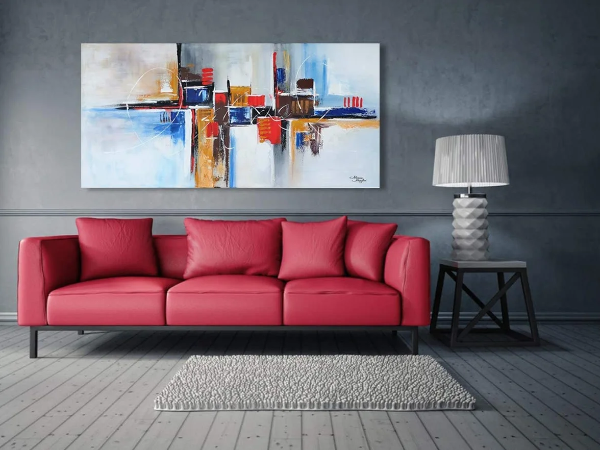 Tableau Peint à la Main 140x70 cm Toile sur Cadre en Bois Moderne