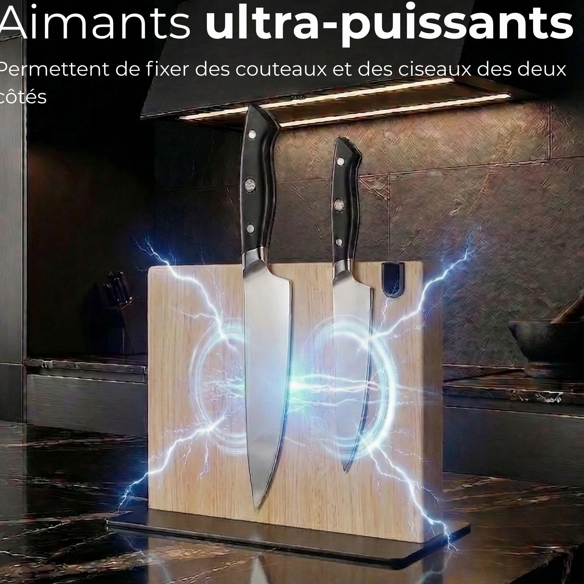 Porte Couteaux Magnétique Cuisine XL avec Aiguiseur Support Magnétique Couteaux Bois Massif Bloc Rangement (Chêne)
