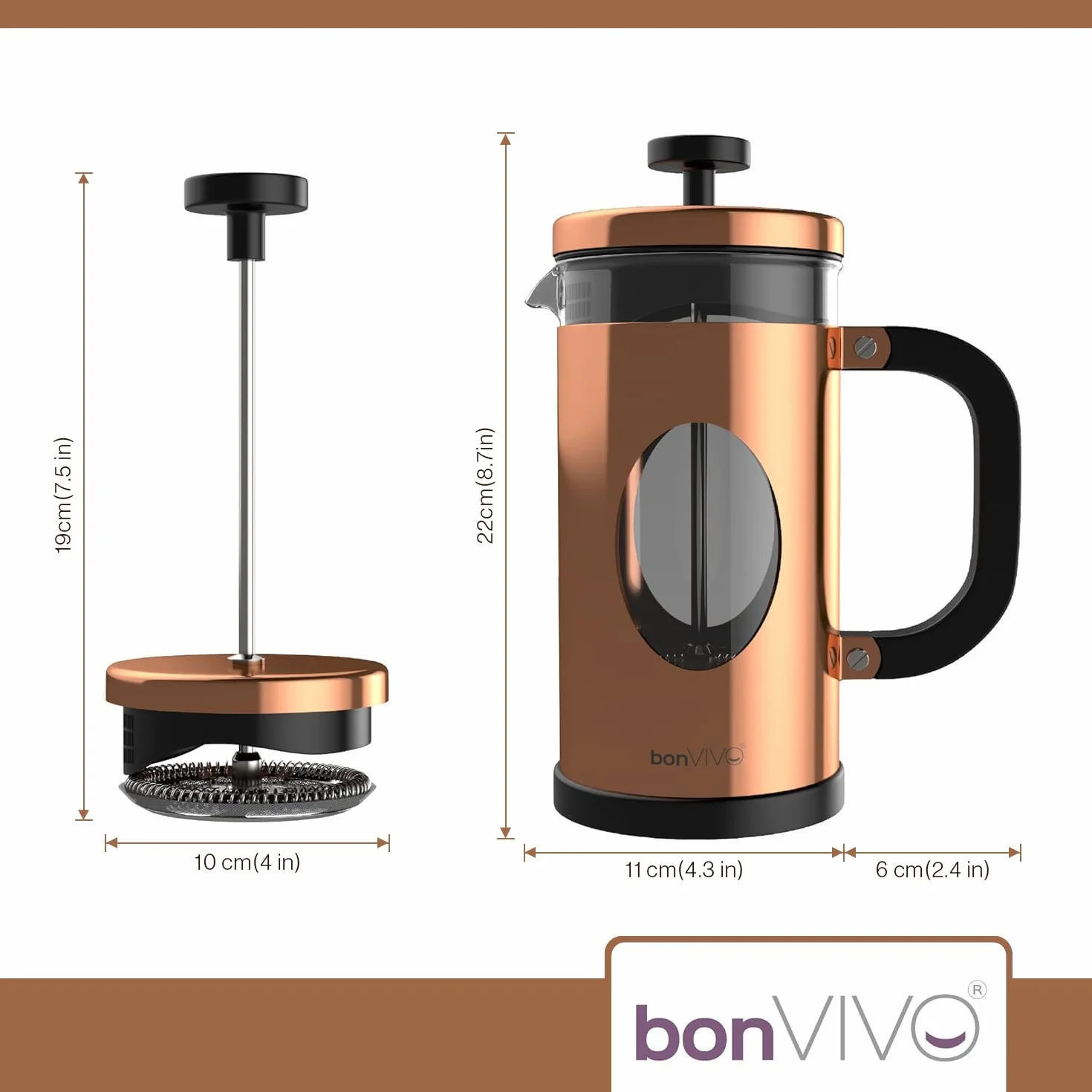 BonVIVO Cafetière à Piston 1L Inox Verre Thermorésistant French Press avec Filtres de Rechange Finition Cuivre