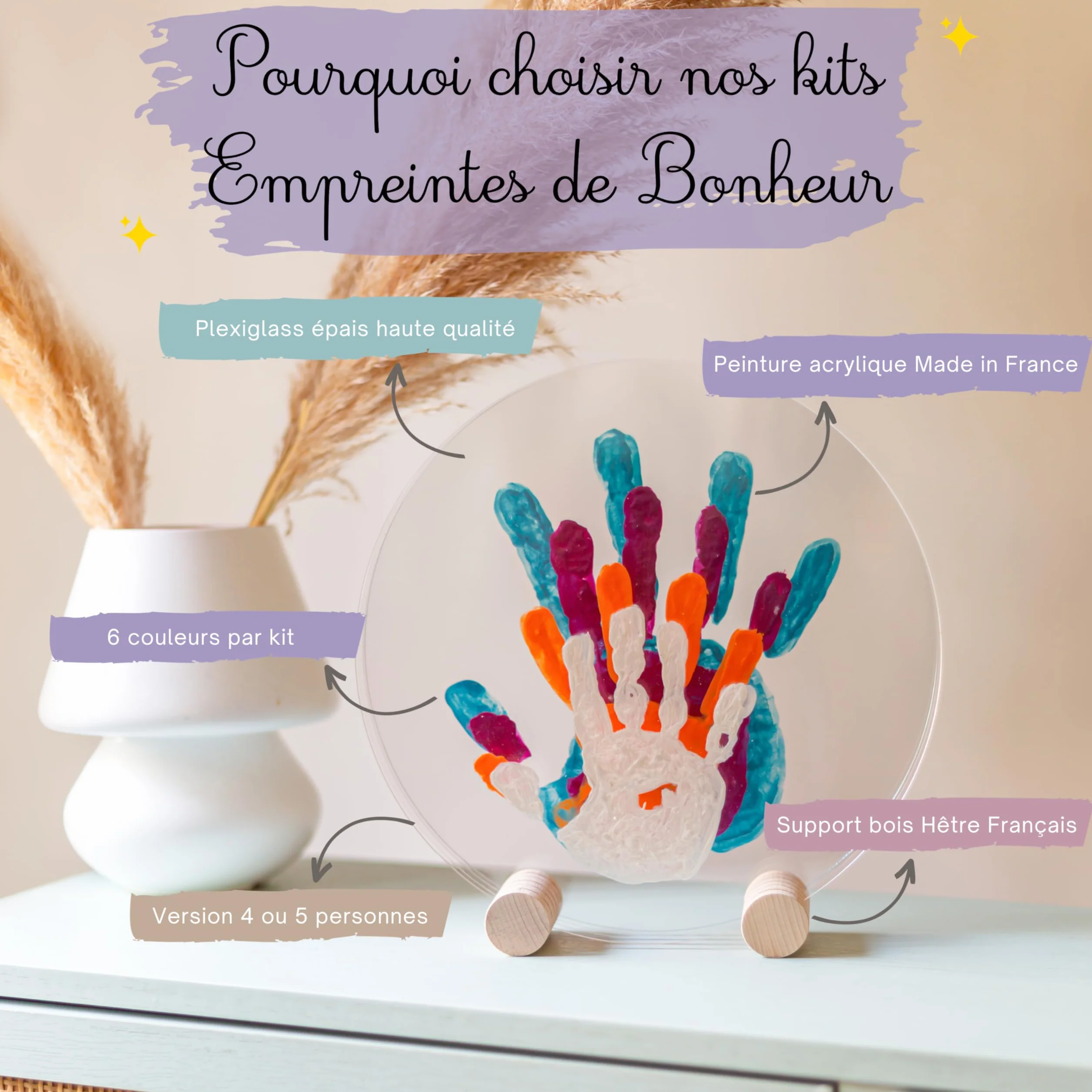 LouYou Empreintes de Bonheur Kit Empreinte Famille de 4 Made in France Nacré Coffret Naissance Support bois 4 plexiglass
