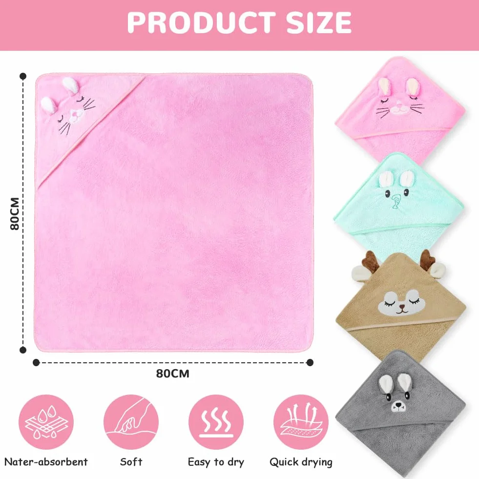 Serviette de Bain Bébé à Capuche 80x80 cm, Cape de Bain Bébé Naissance Ultra Douce et Absorbante, Poncho avec Capuche Animal