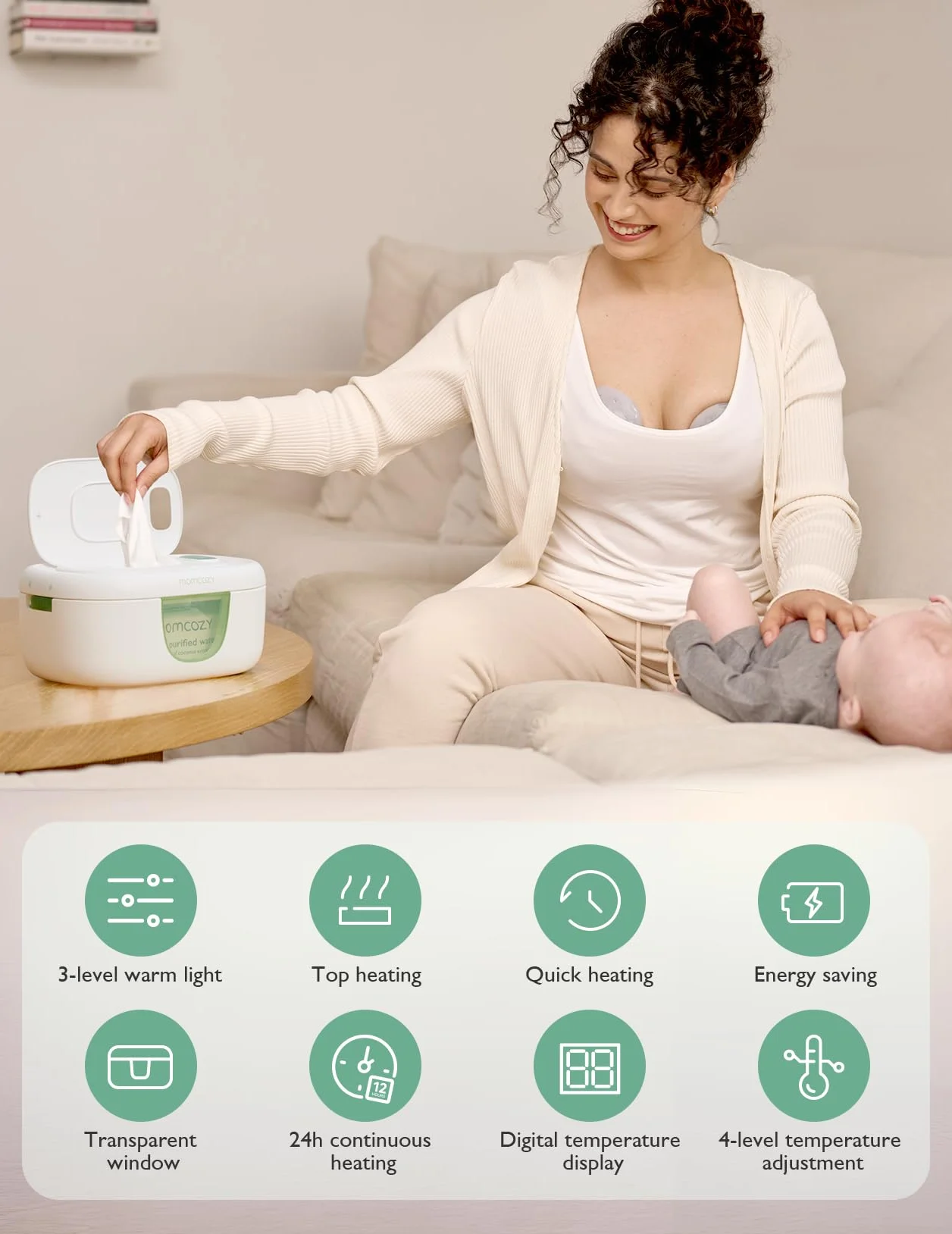 Momcozy Chauffeur de Lingettes Bébé – Design à ressort, grande capacité, chauffage rapide uniforme, 4 températures et veilleuse