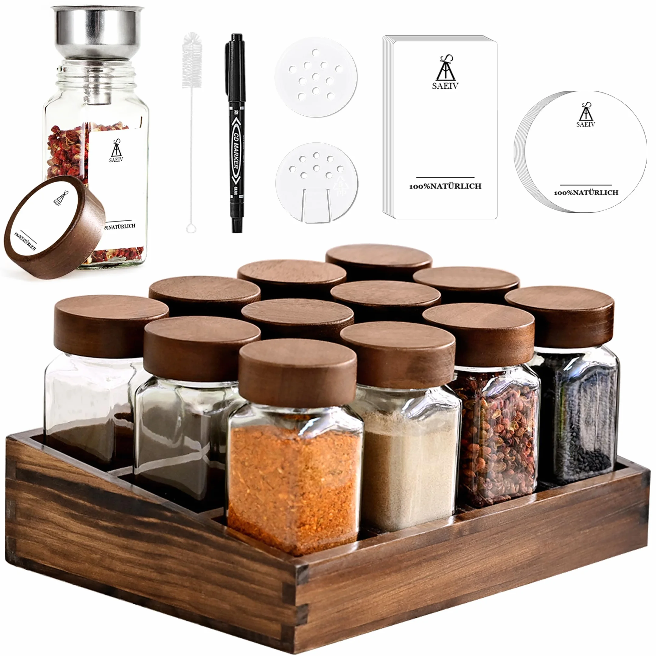 Pot à Épices en Verre et Bois 12 Pièces, Bocaux Borosilicaté Sans BPA, Plateau Acacia, Porte-Épices Hermétique