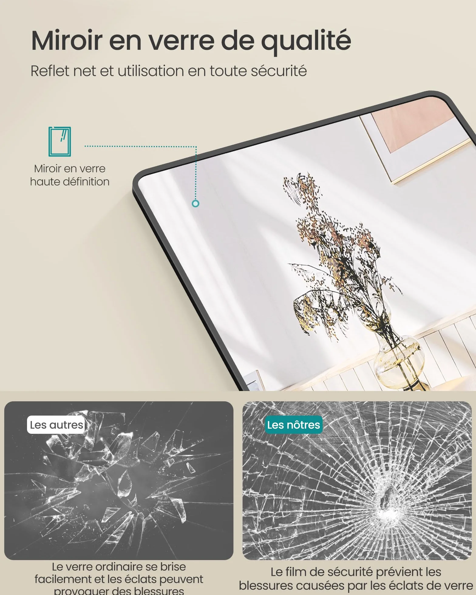 SONGMICS Miroir Intégral Suspendu 120 x 40 cm Cadre en Alliage d'Aluminium Verre Trempé Noir d'encre LFM032B01