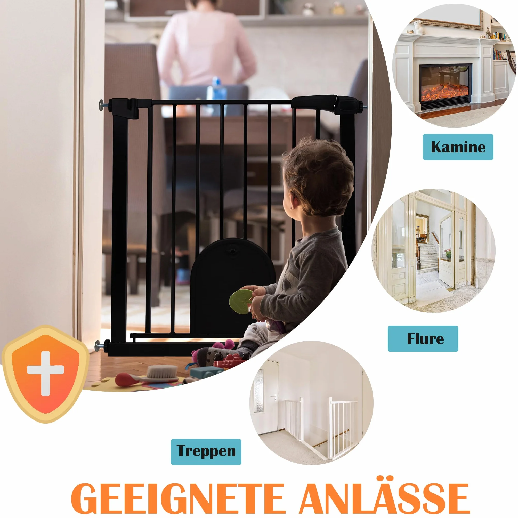 Aufun Barrière de sécurité Enfants sans perçage 85-95 cm avec Fixation à Pression Fermeture Automatique métallique pour Chiens avec chatière Noir