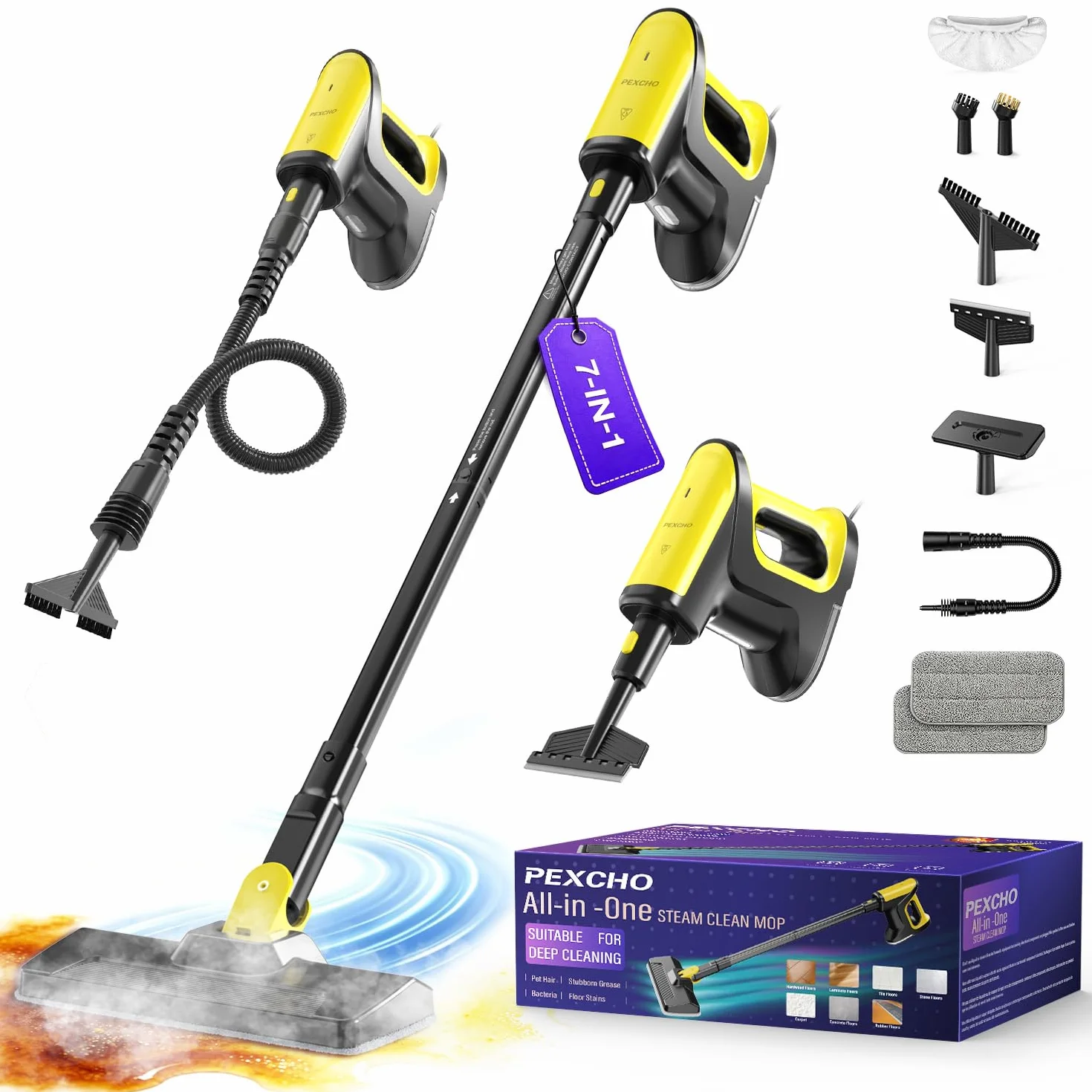 Nettoyeur Vapeur 7 en 1 1500W Balai Vapeur Multifonction Chauffe en 15 Secondes