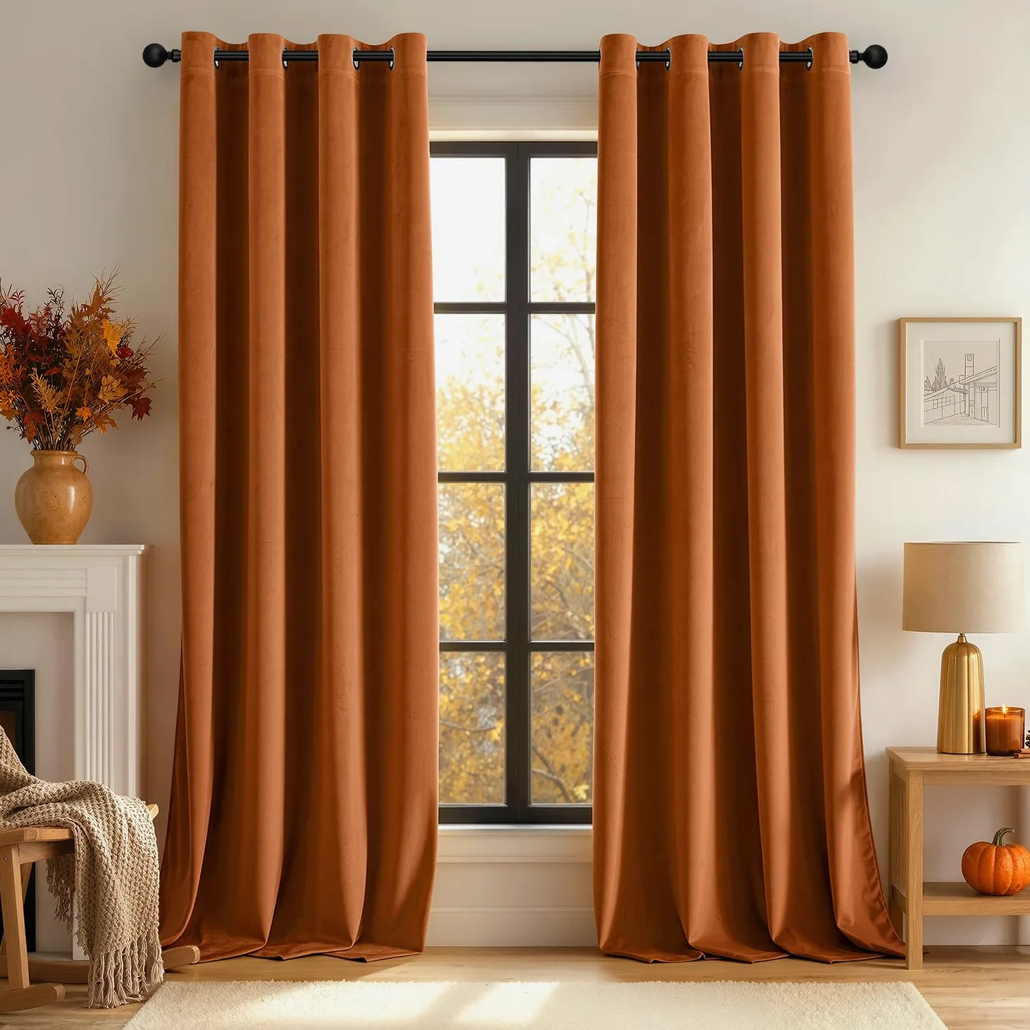 EMEMA Lot de 2 rideaux opaques en velours avec œillets - Orange foncé - 300 x 140 cm (H x l) | Rideaux en velours avec œillets, décoratifs, pour salon, doux, occultant, thermique, insonorisant, chambre à coucher