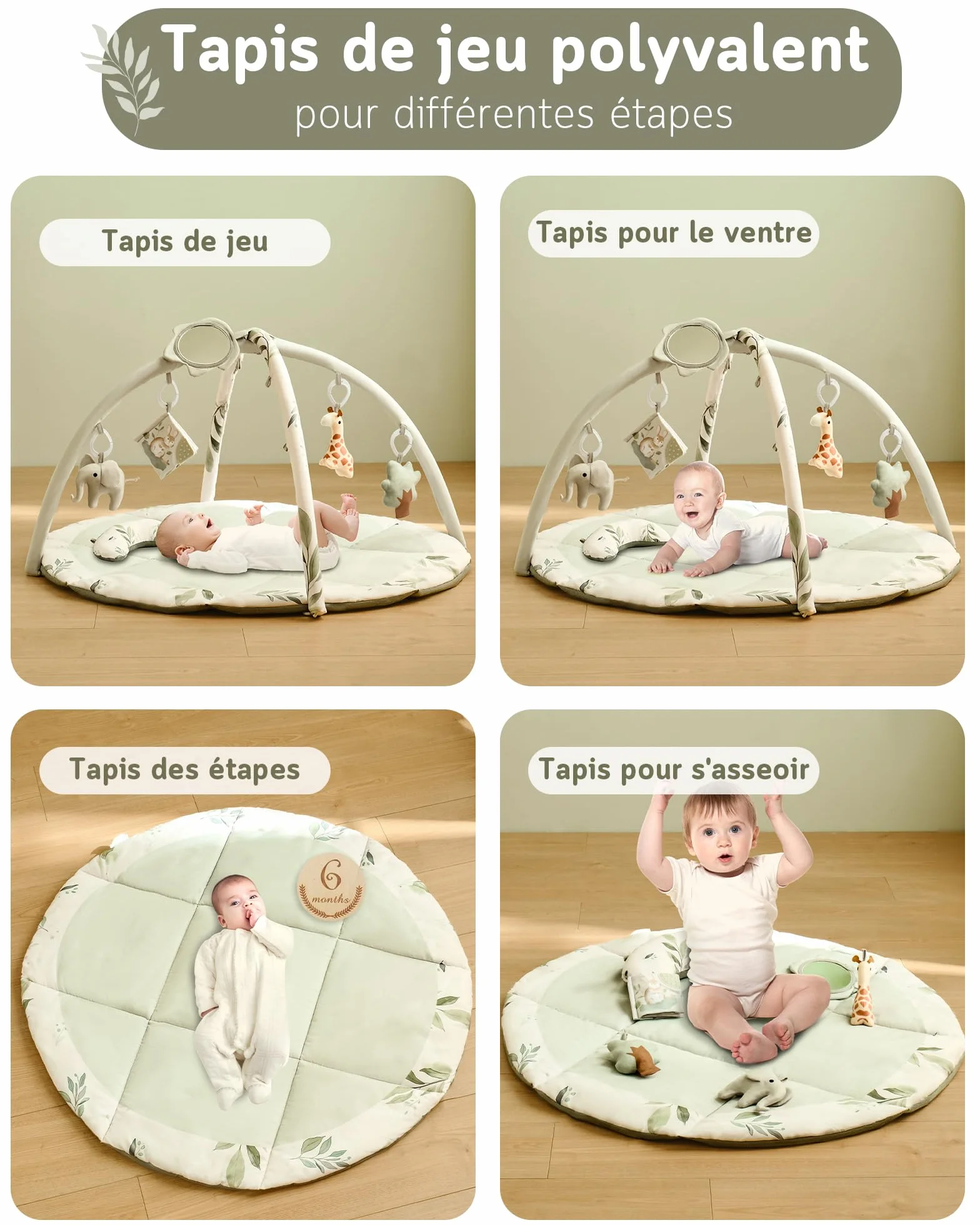 Tapis d'éveil Bébé avec Arche amovible et 5 Jouets d'activité, Thème Naturel, Fortella, Vert, pour Nouveau-né 0-12 Mois