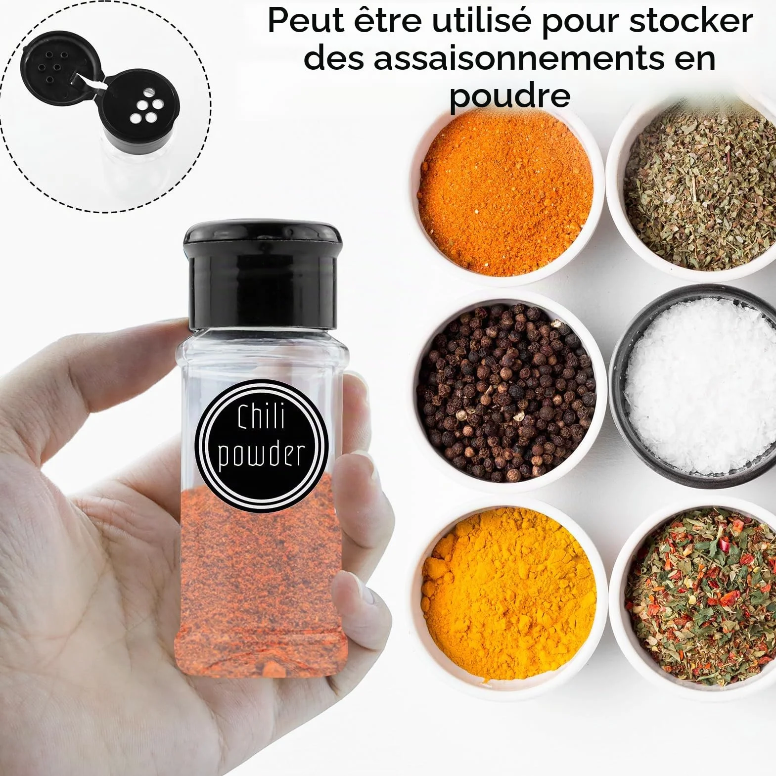 Lot de 8 Pots à Épices Plastique avec Étiquette 100ML - Bocaux Rangement Cuisine
