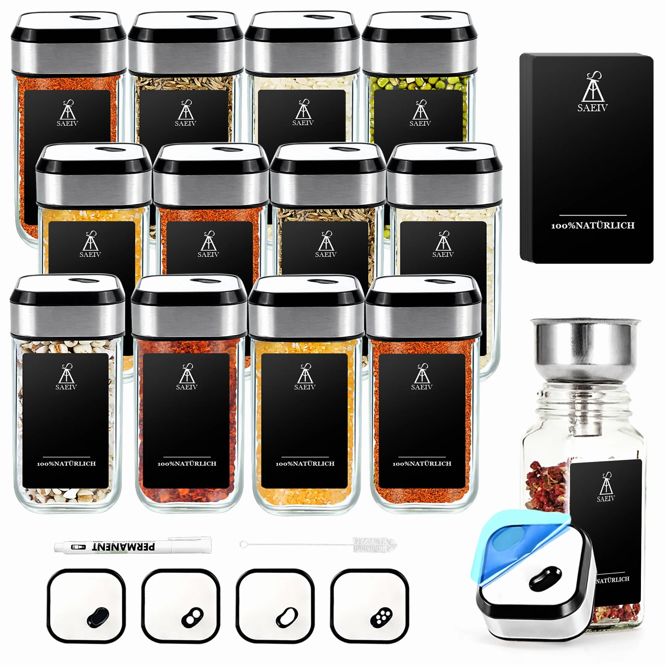 Pot à Épices Set Carré Rotatif 360° 3 Calibres Réglables 12 Coffret 120 ml Verre Rangement Cuisine