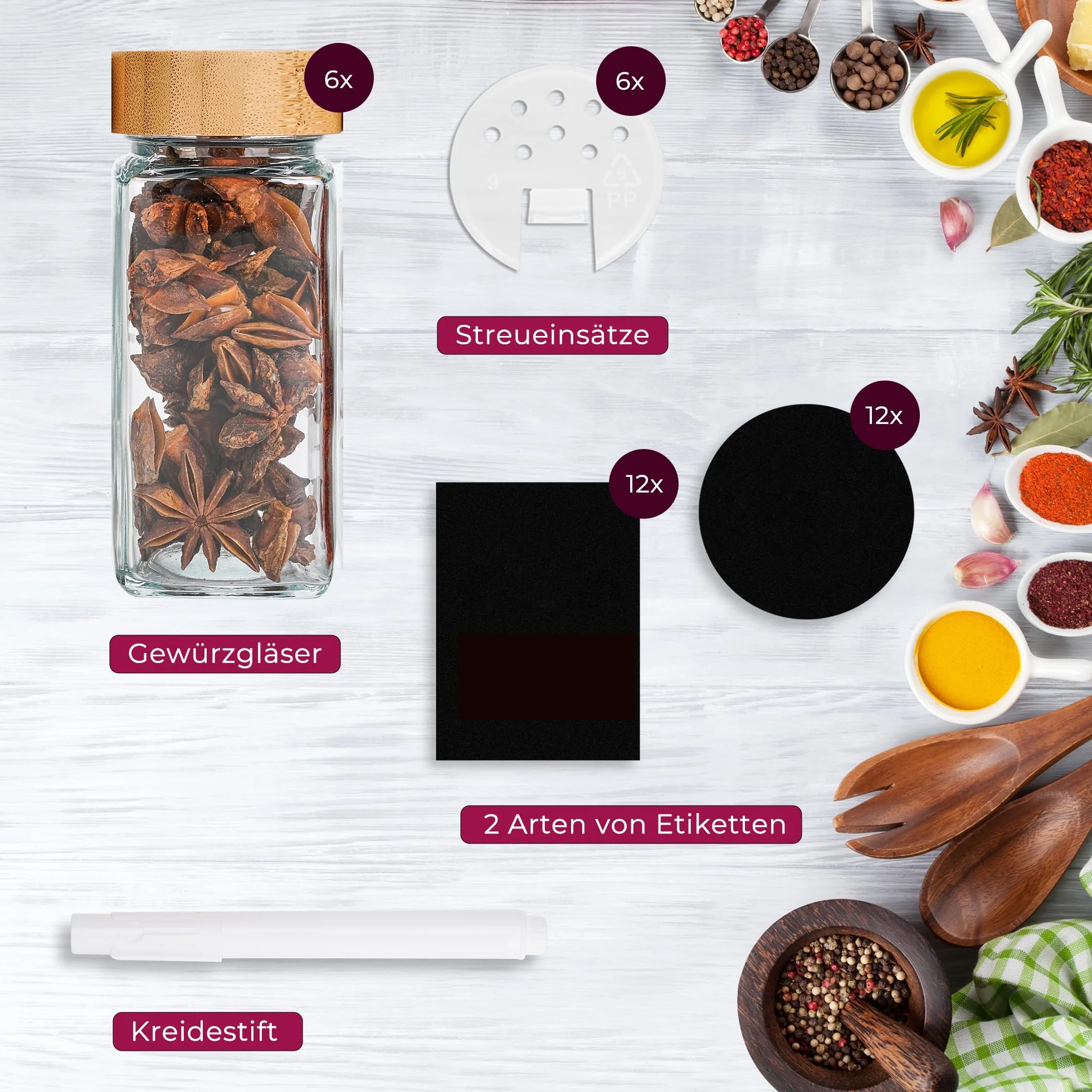 Pots à épices carrés 120 ml lot de 6 avec saupoudreur couvercles bambou étiquettes noires