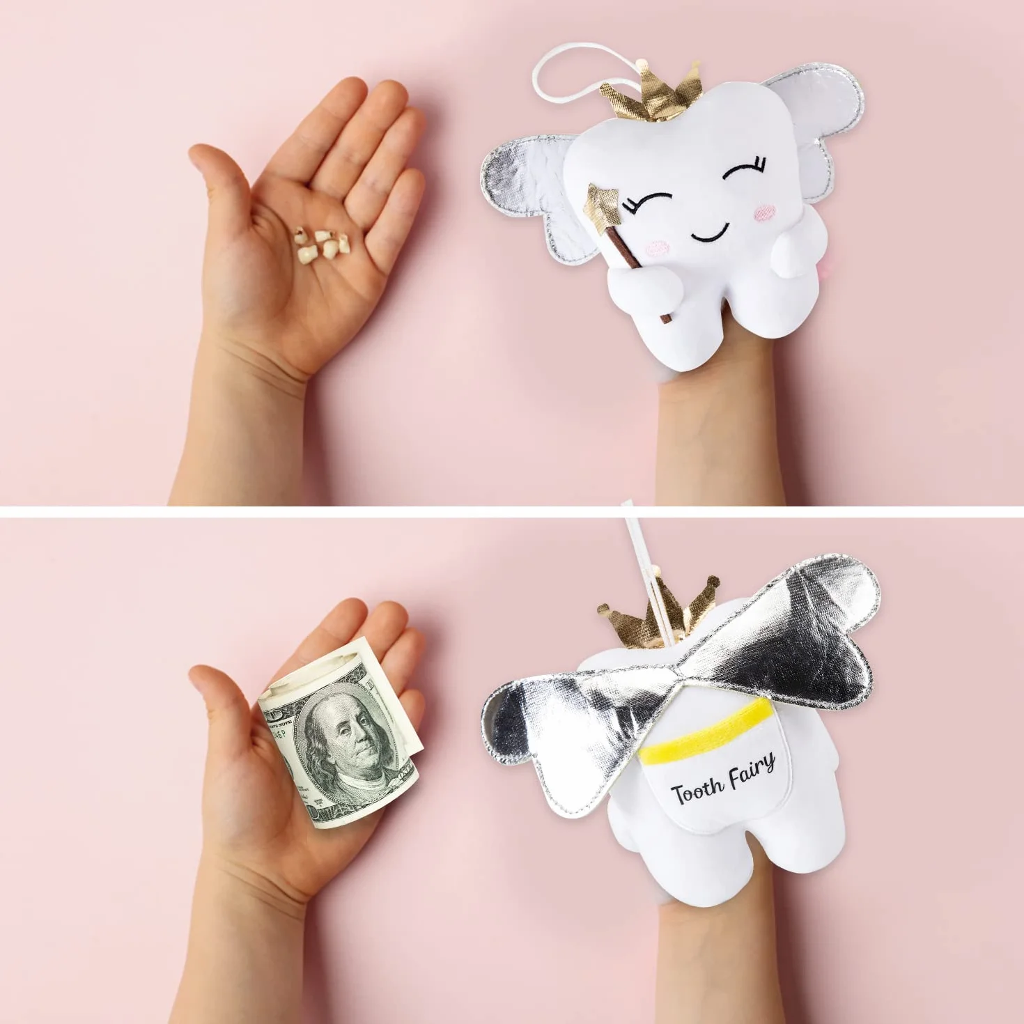 Poupée fée des Dents Ailes Brillantes brodé Oreiller avec Poche Souvenir Cadeau pour garçons Filles (Blanc)