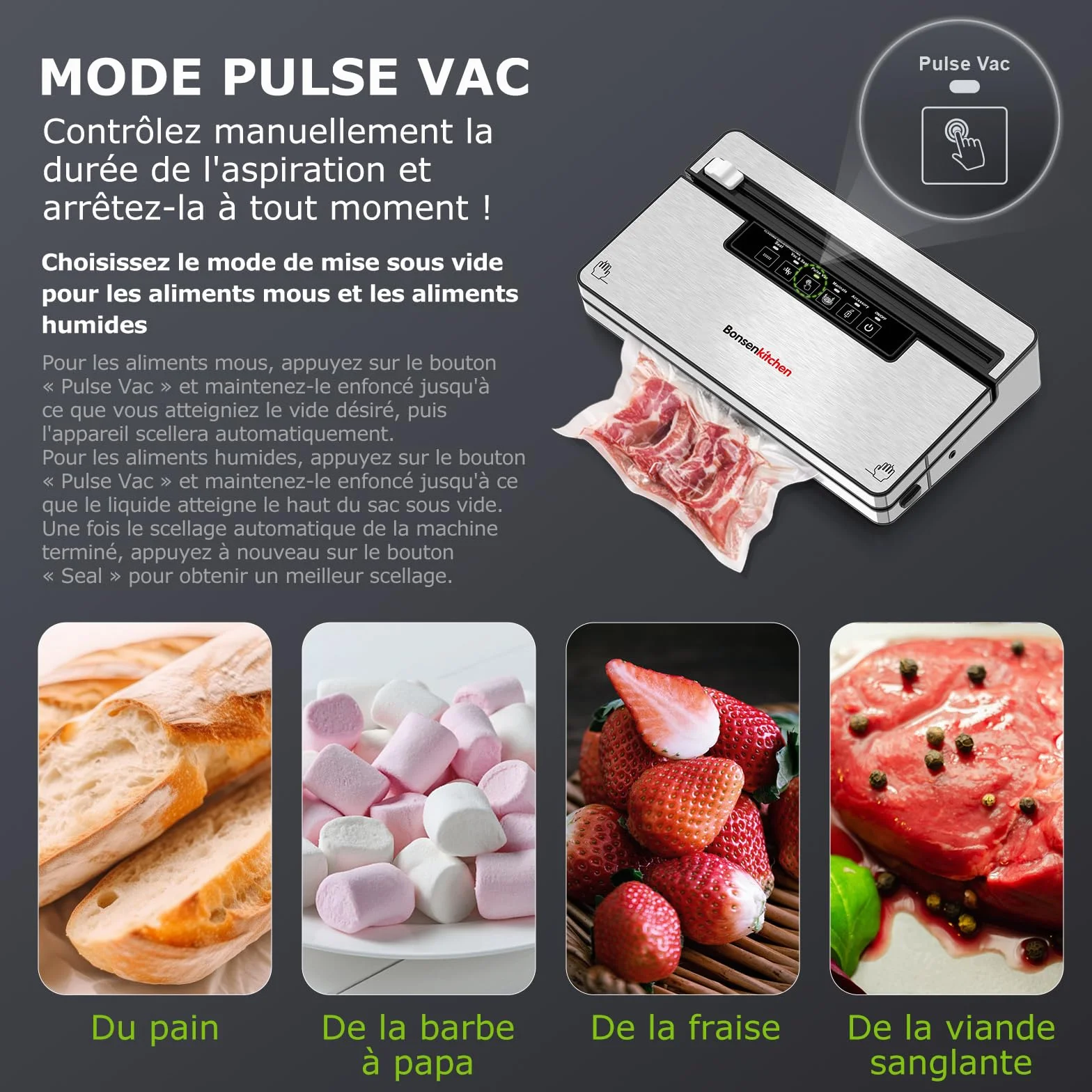 Bonsenkitchen Machine Sous Vide Alimentaire, 5 Modes-8 L/min, Technologie Globefish, 5 Sacs Sous Vide et 1 Sac en Rouleau