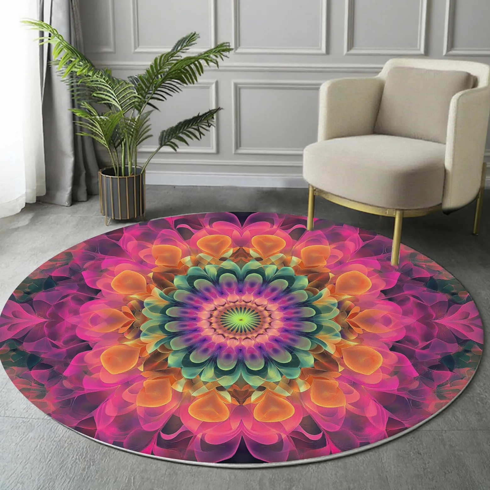 Rond Tapis Salon Rose Moquette 3D Mandala Tourbillonnant Chambre De Décoration Poil Ras Lavable en Machine Paillasson Art Psychédélique Antidérapant Salle A Manger Chambre Adulte,120Cm